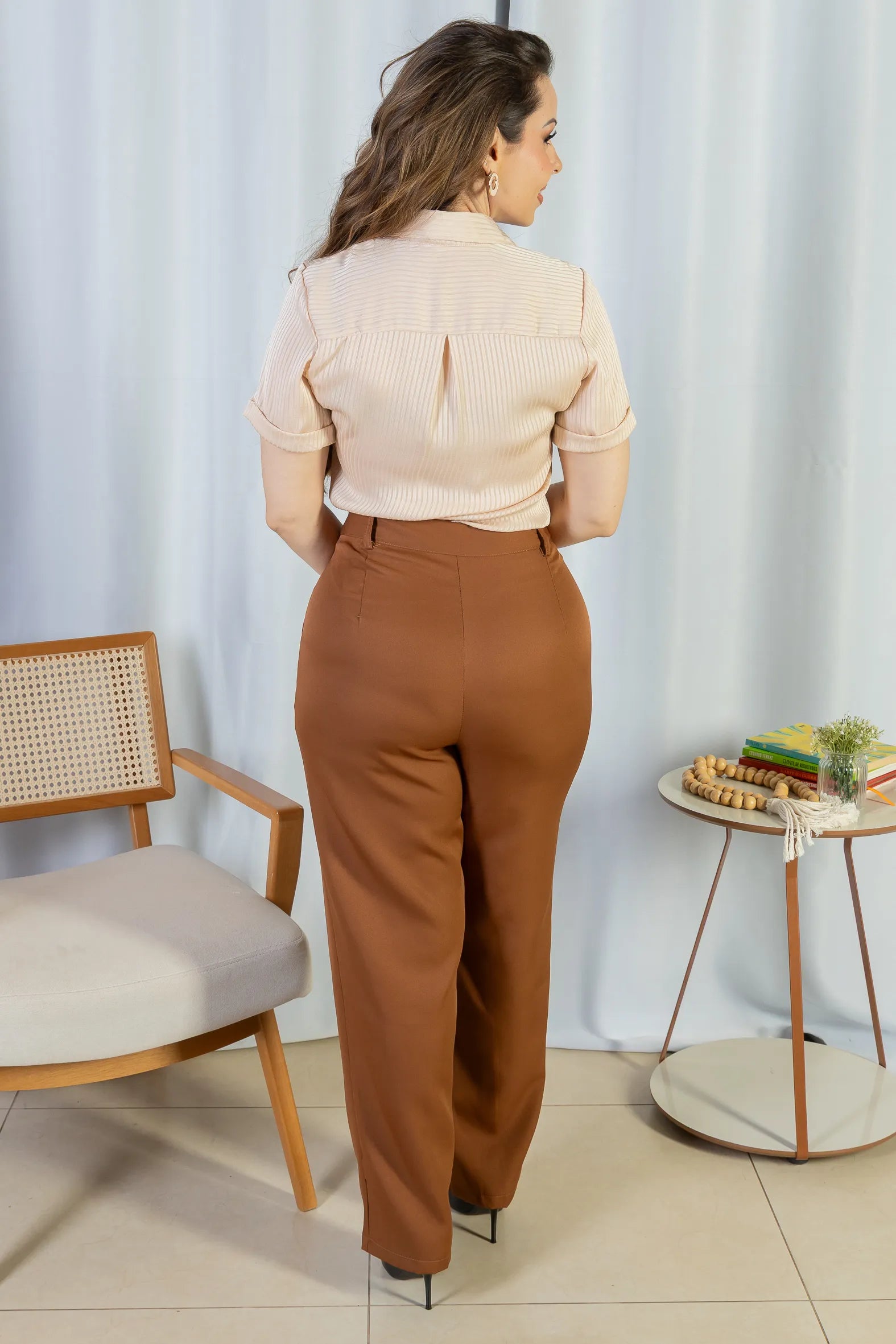 Camisa Manga Curta Crepe Acetinado Glaucia Creme