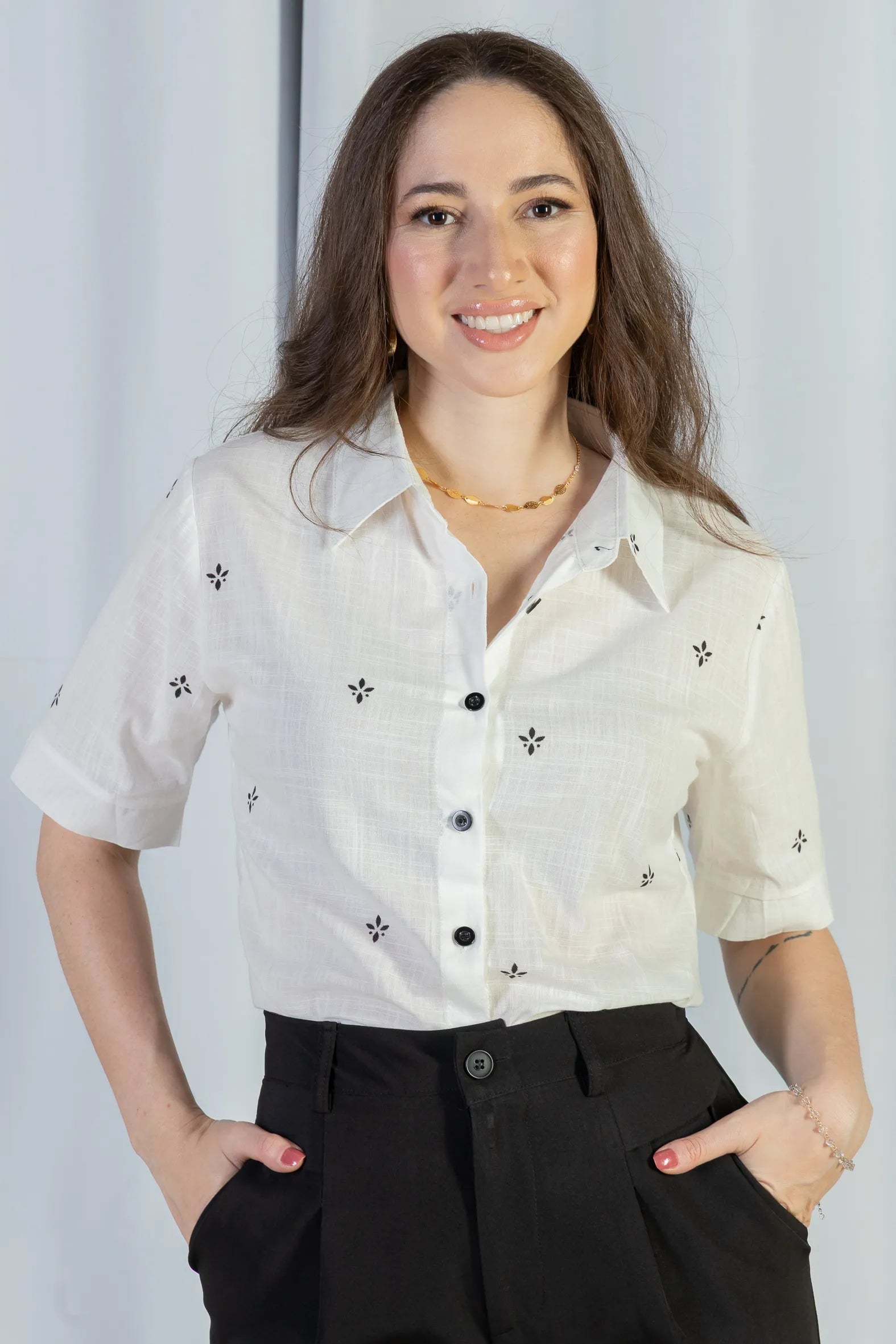 Camisa Manga Curta Bordada Poli Visco Bruna Branca