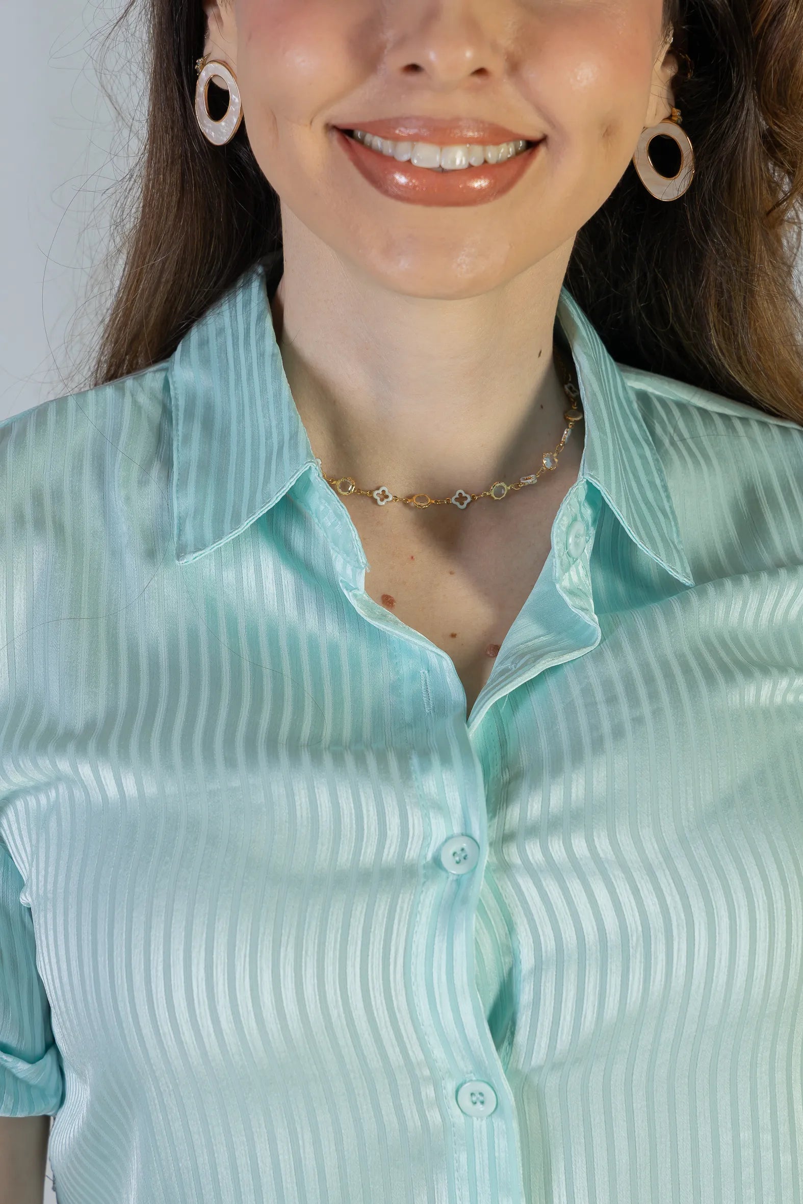 Camisa Manga Curta Crepe Acetinado Glaucia Ciano