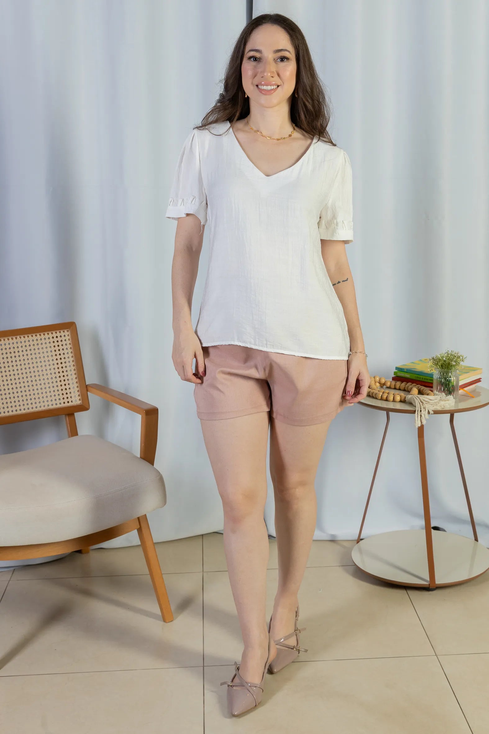 Blusa Manga Curta Decote "V" Visco Nature Gal Costa Branca