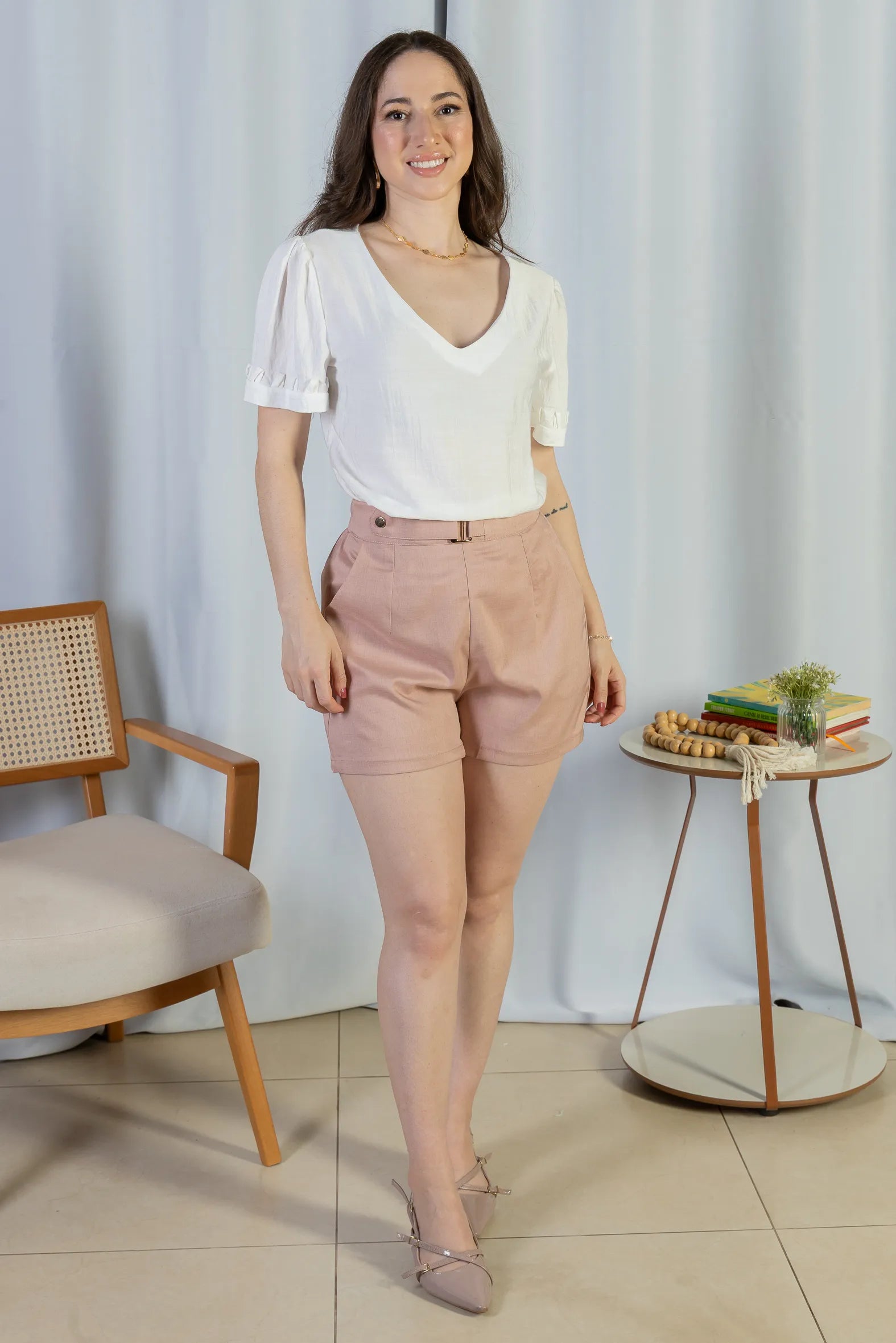 Shorts Detalhe Fivela Metálica Alfaiataria Lux Eliane Rosa