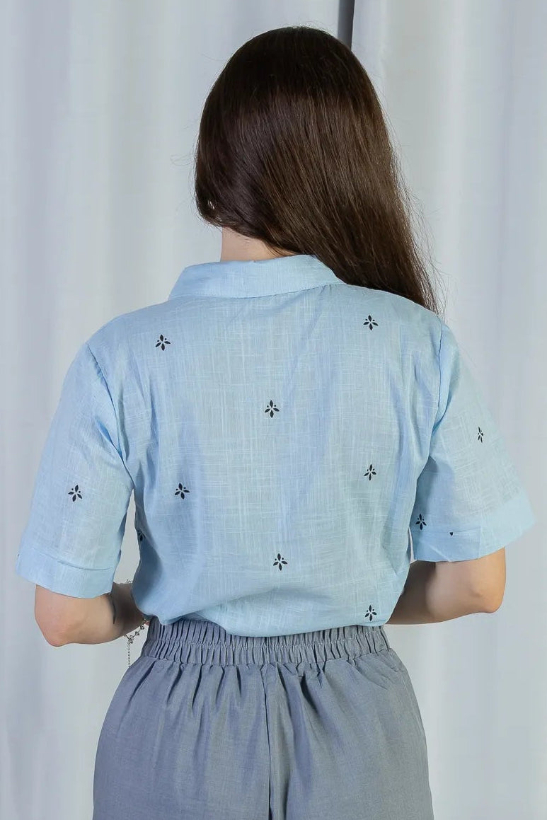 Camisa Manga Curta Bordada Poli Visco Bruna Azul