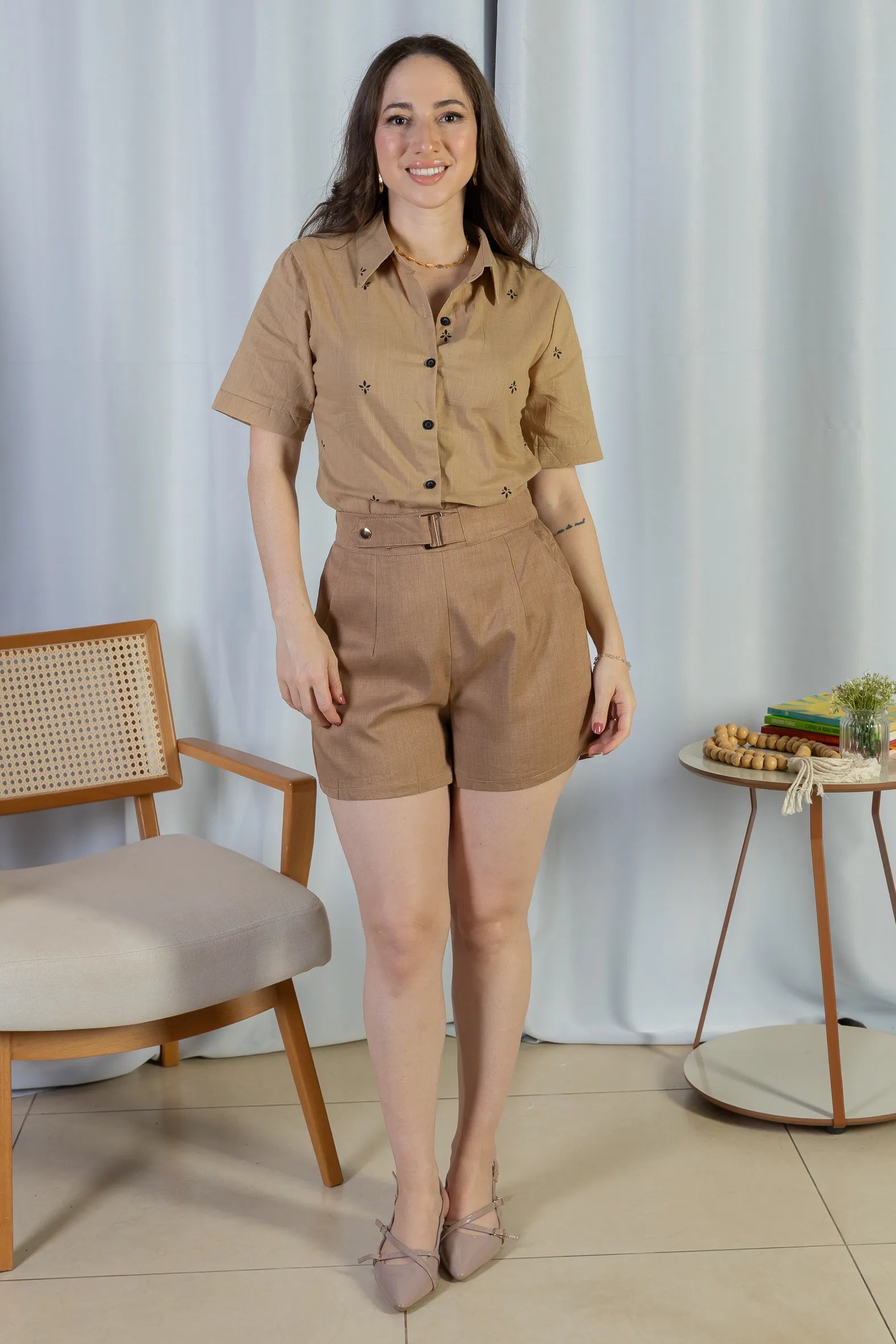 Camisa Manga Curta Bordada Poli Visco Bruna Marrom