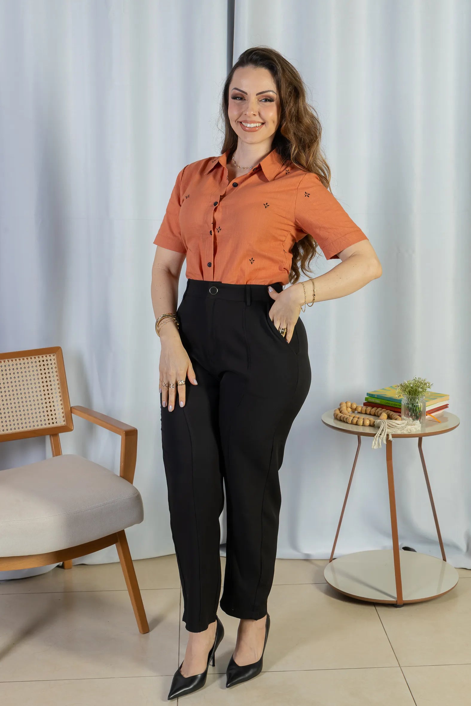 Camisa Manga Curta Bordada Poli Visco Bruna Terracota