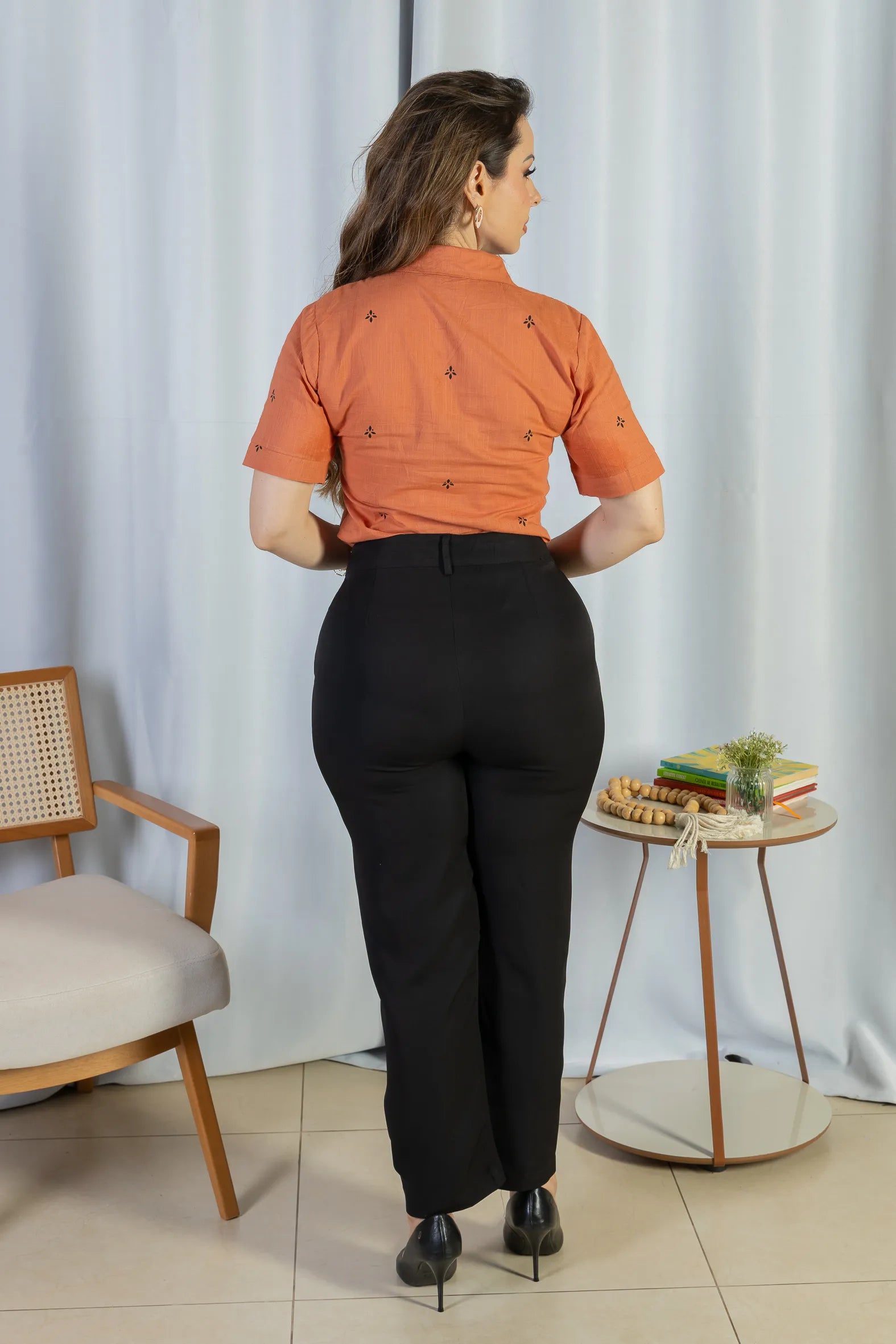 Camisa Manga Curta Bordada Poli Visco Bruna Terracota