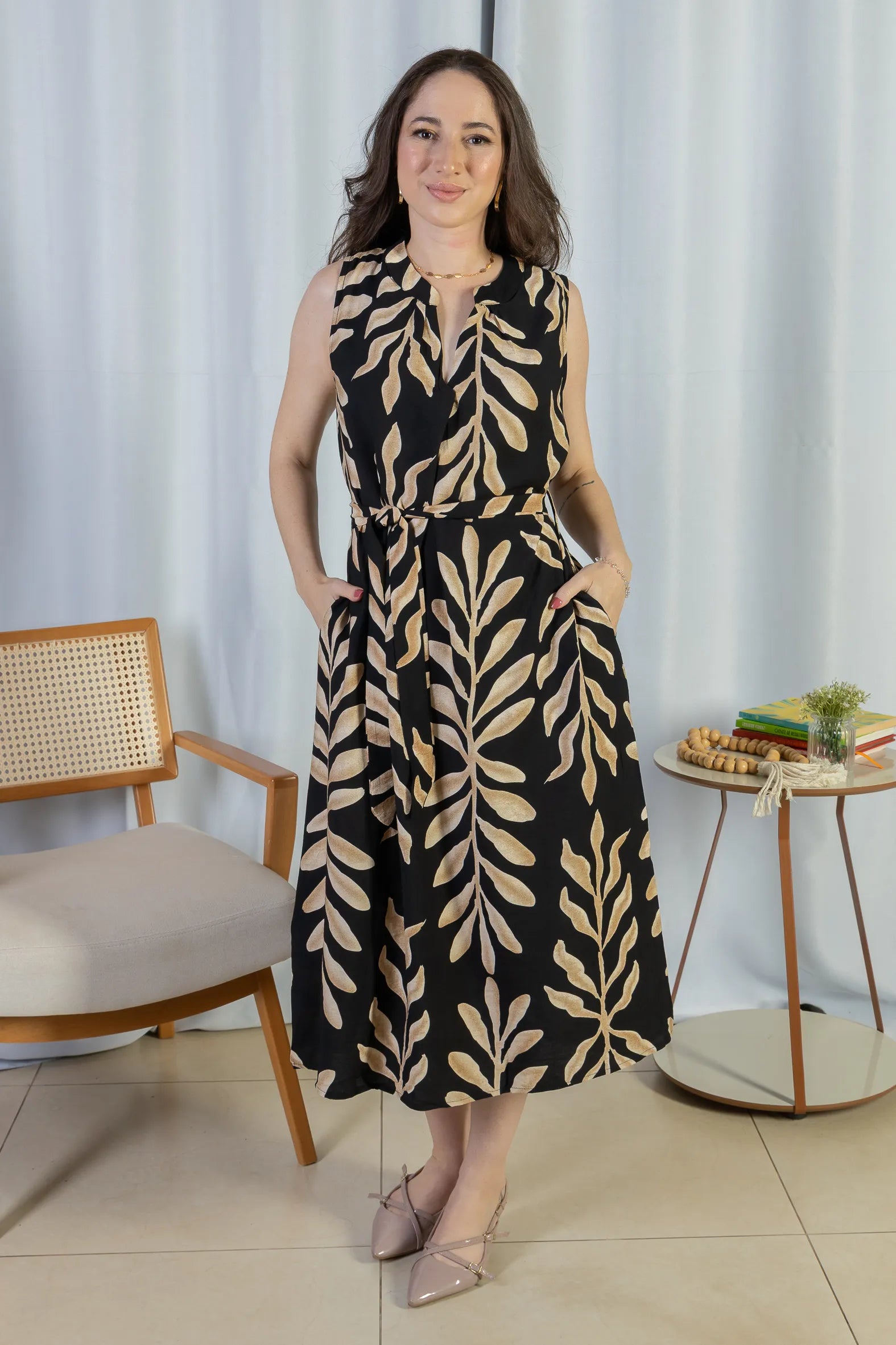 Vestido Midi Regata Visco Rústico Luana Estampado Preto