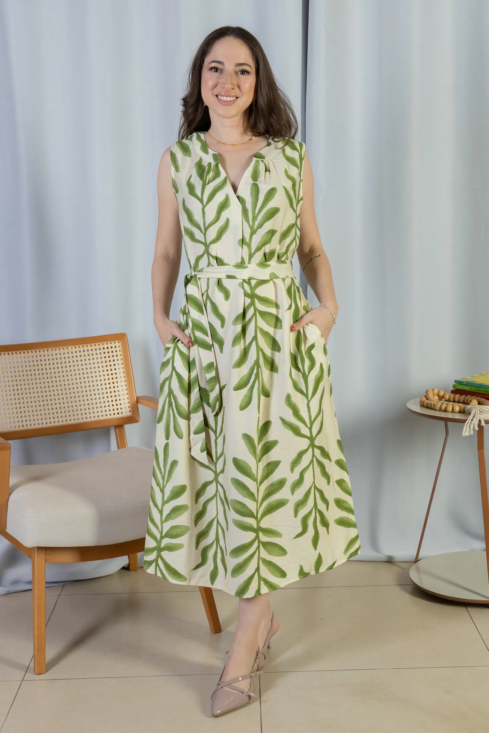 Vestido Midi Regata Visco Rústico Luana Estampado Verde