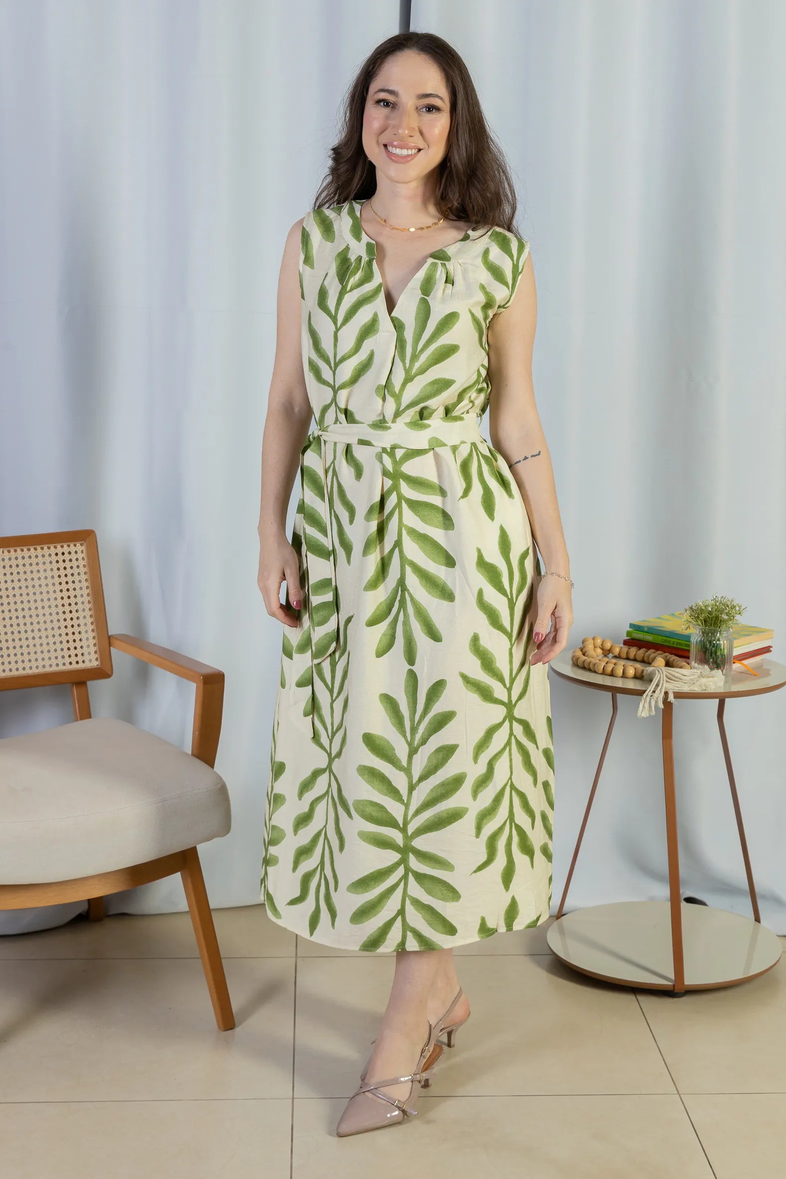 Vestido Midi Regata Visco Rústico Luana Estampado Verde