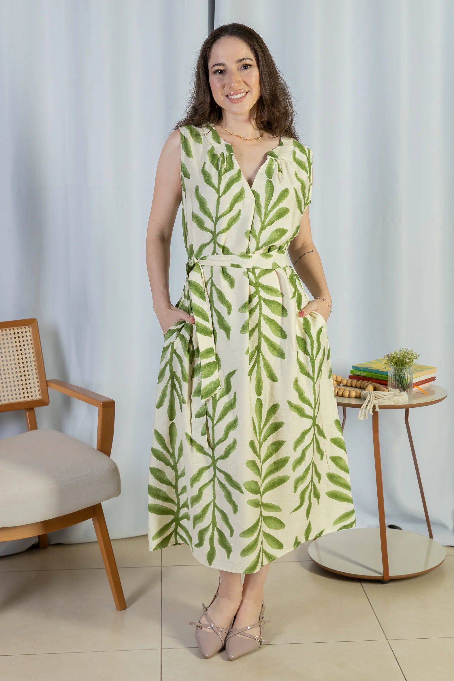 Vestido Midi Regata Visco Rústico Luana Estampado Verde