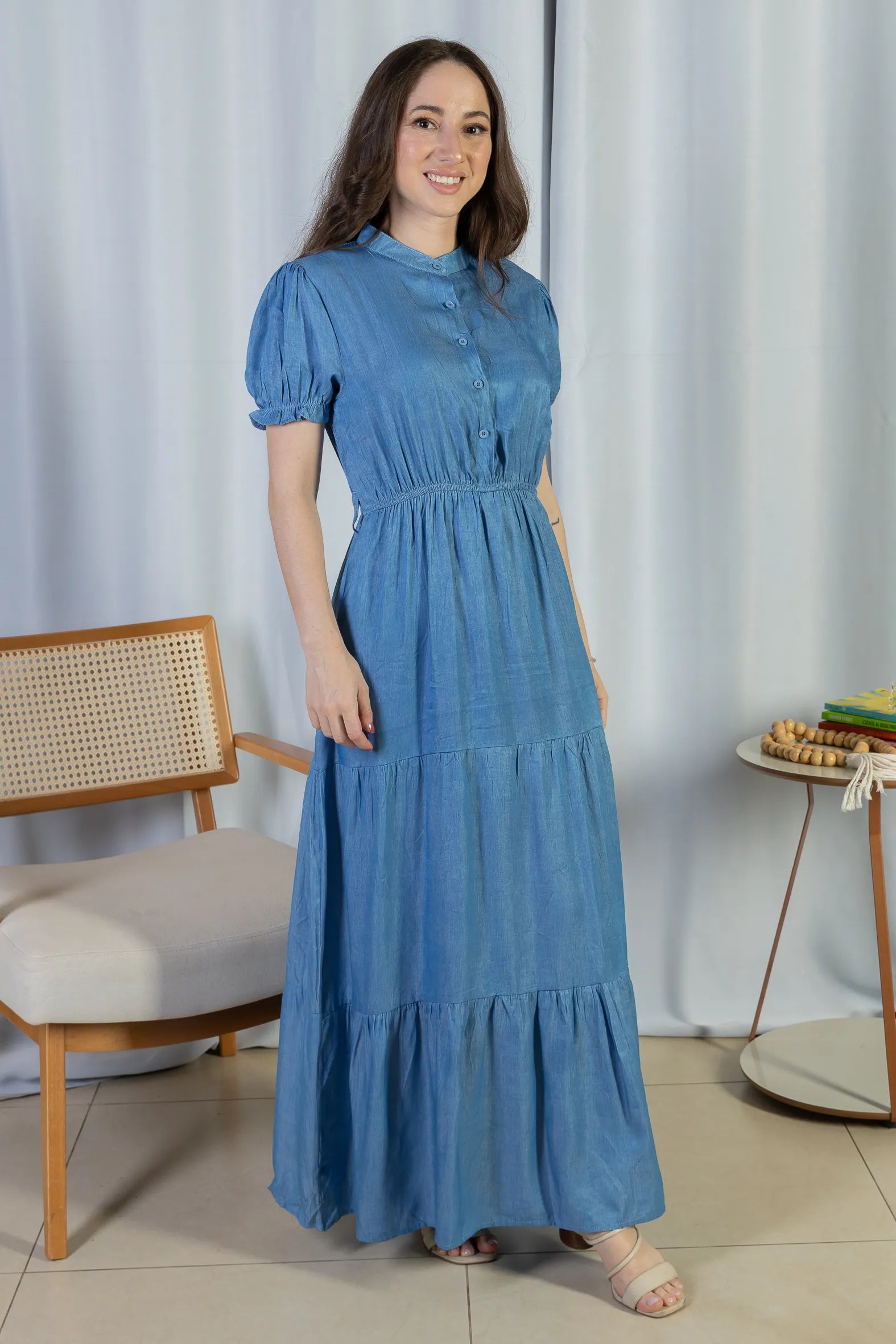 Vestido Logo Detalhe Botão Lyocell Vitória Azul Claro