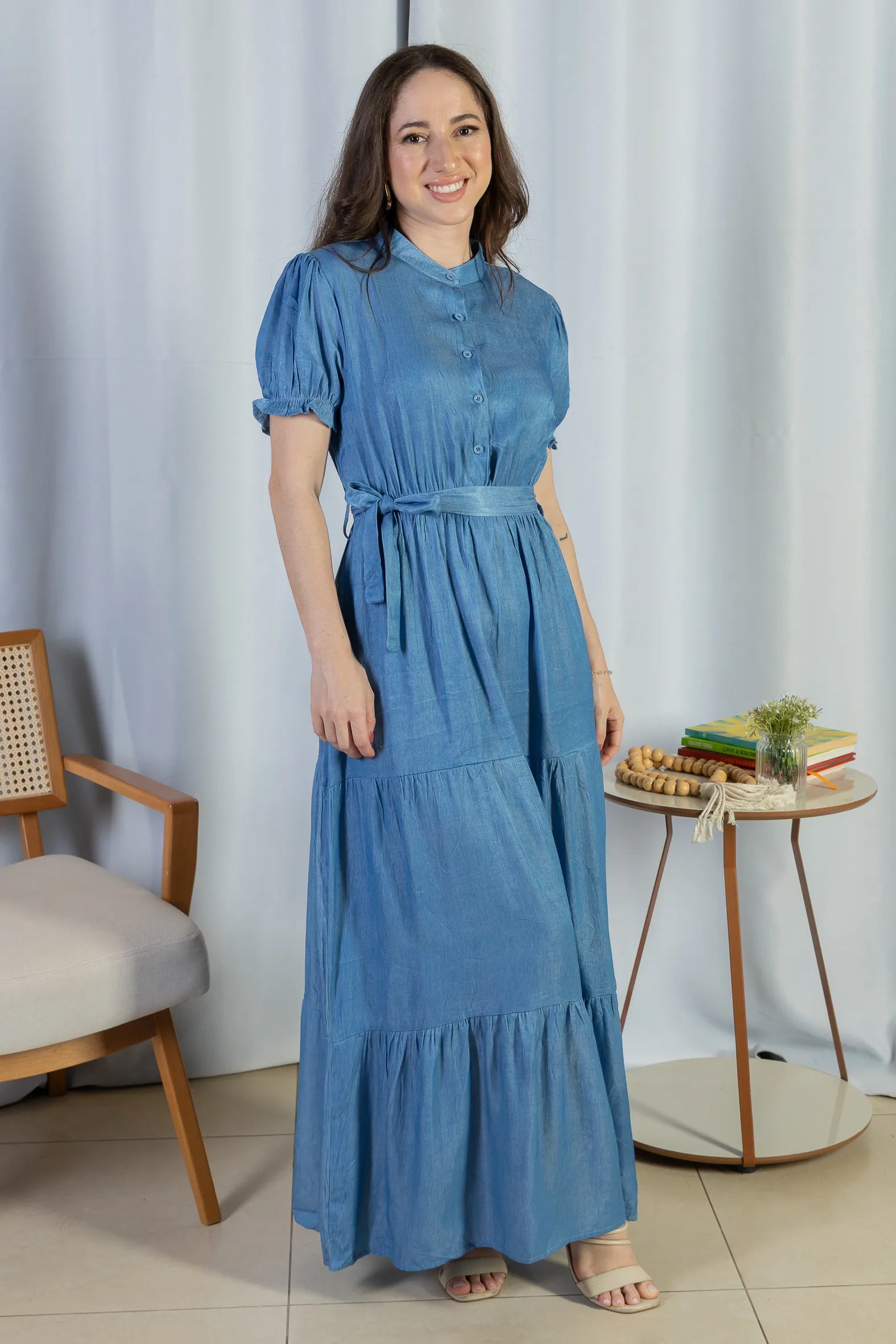 Vestido Logo Detalhe Botão Lyocell Vitória Azul Claro