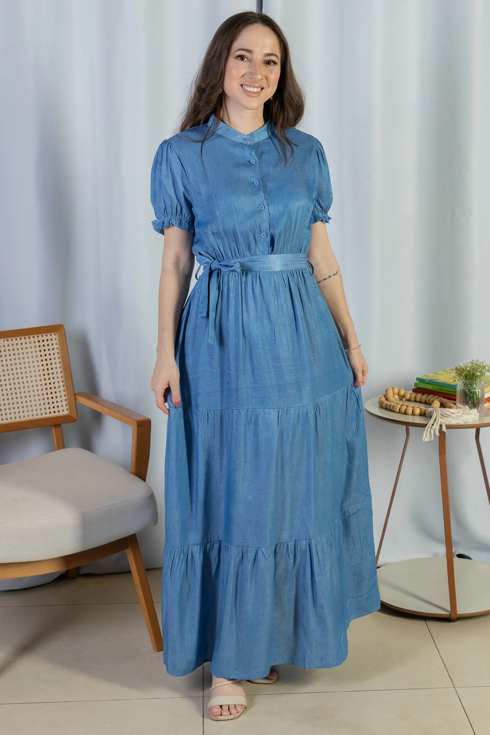 Vestido Logo Detalhe Botão Lyocell Vitória Azul Claro