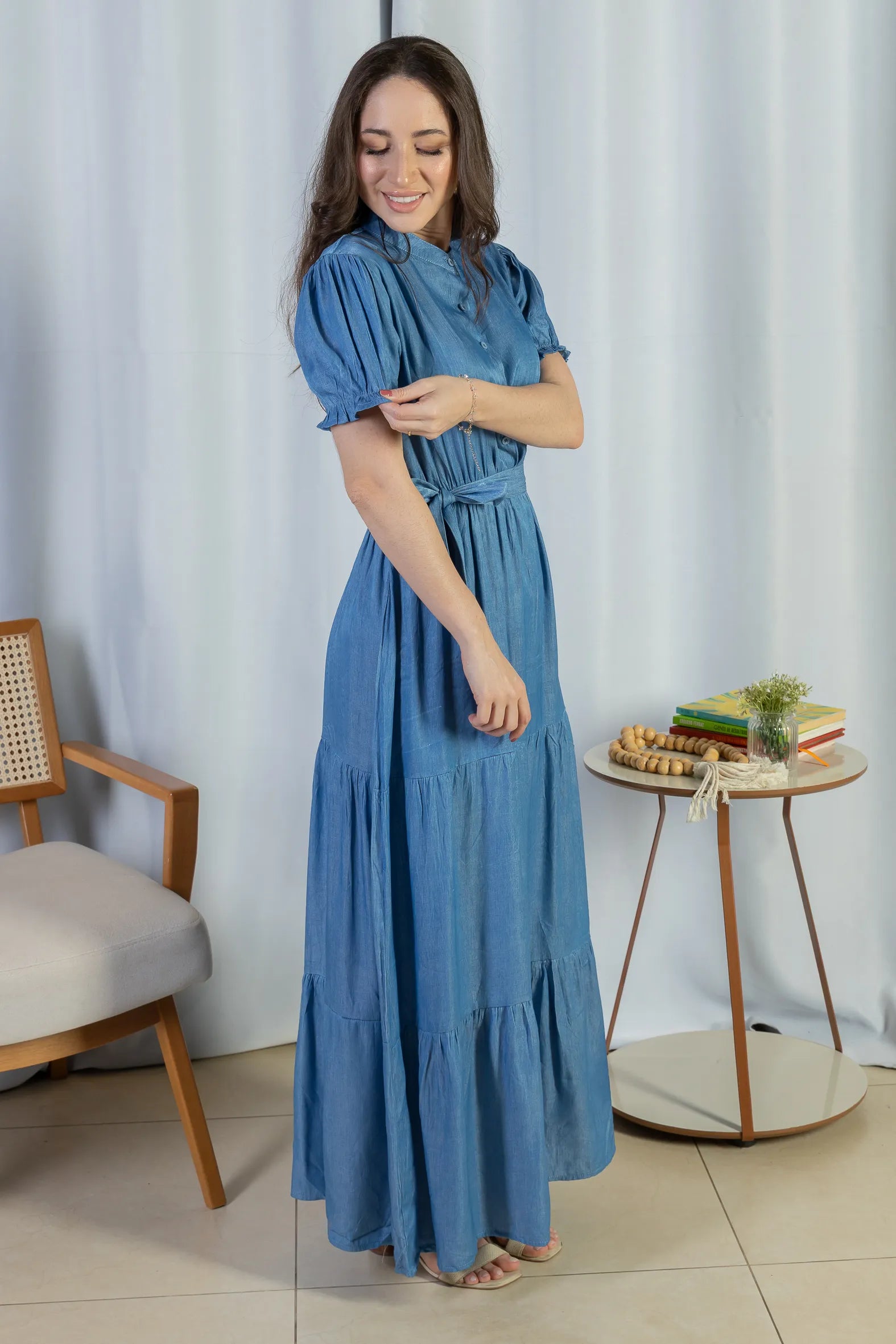 Vestido Logo Detalhe Botão Lyocell Vitória Azul Claro