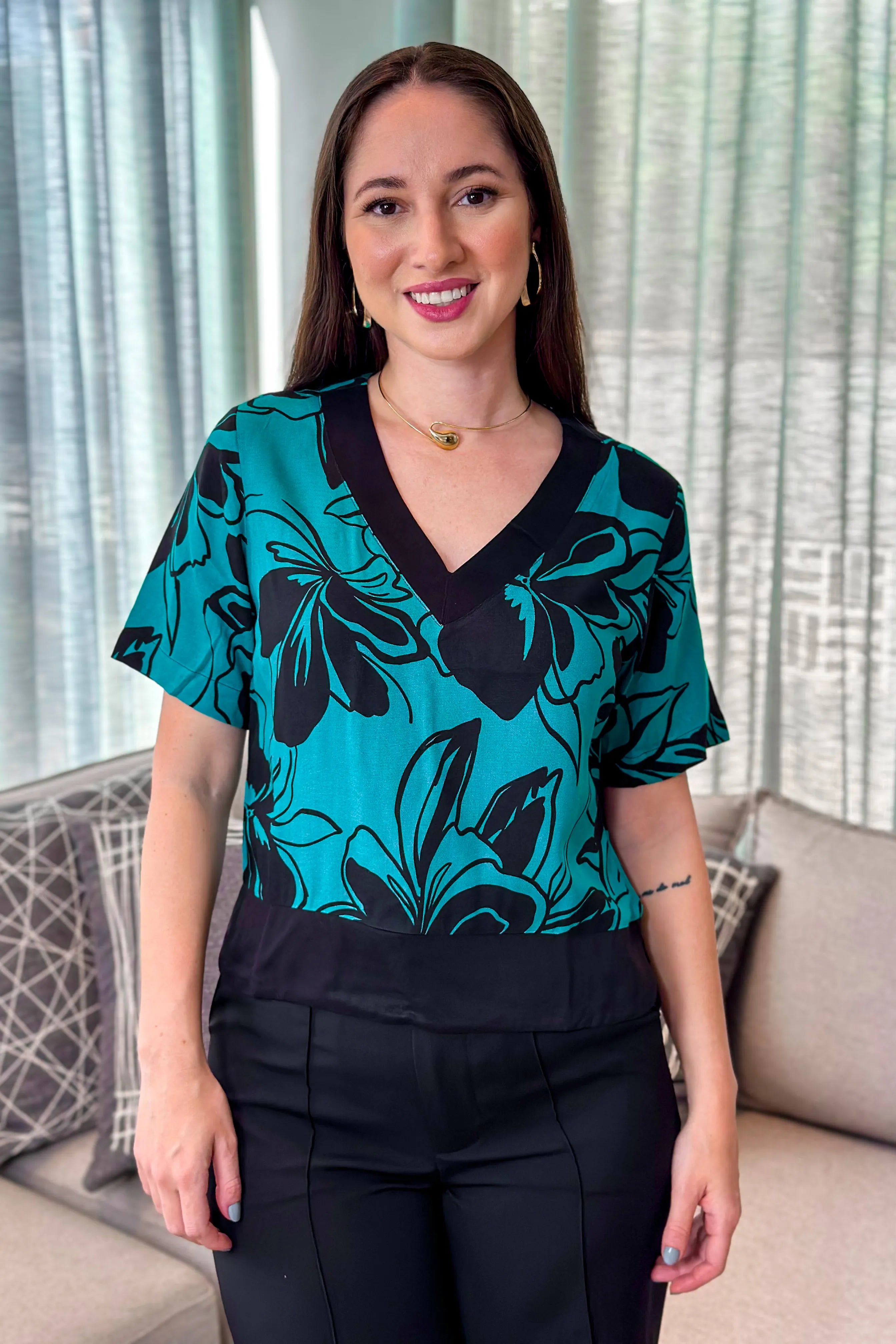 Blusa Manga Curta Nicole Estampada Verde