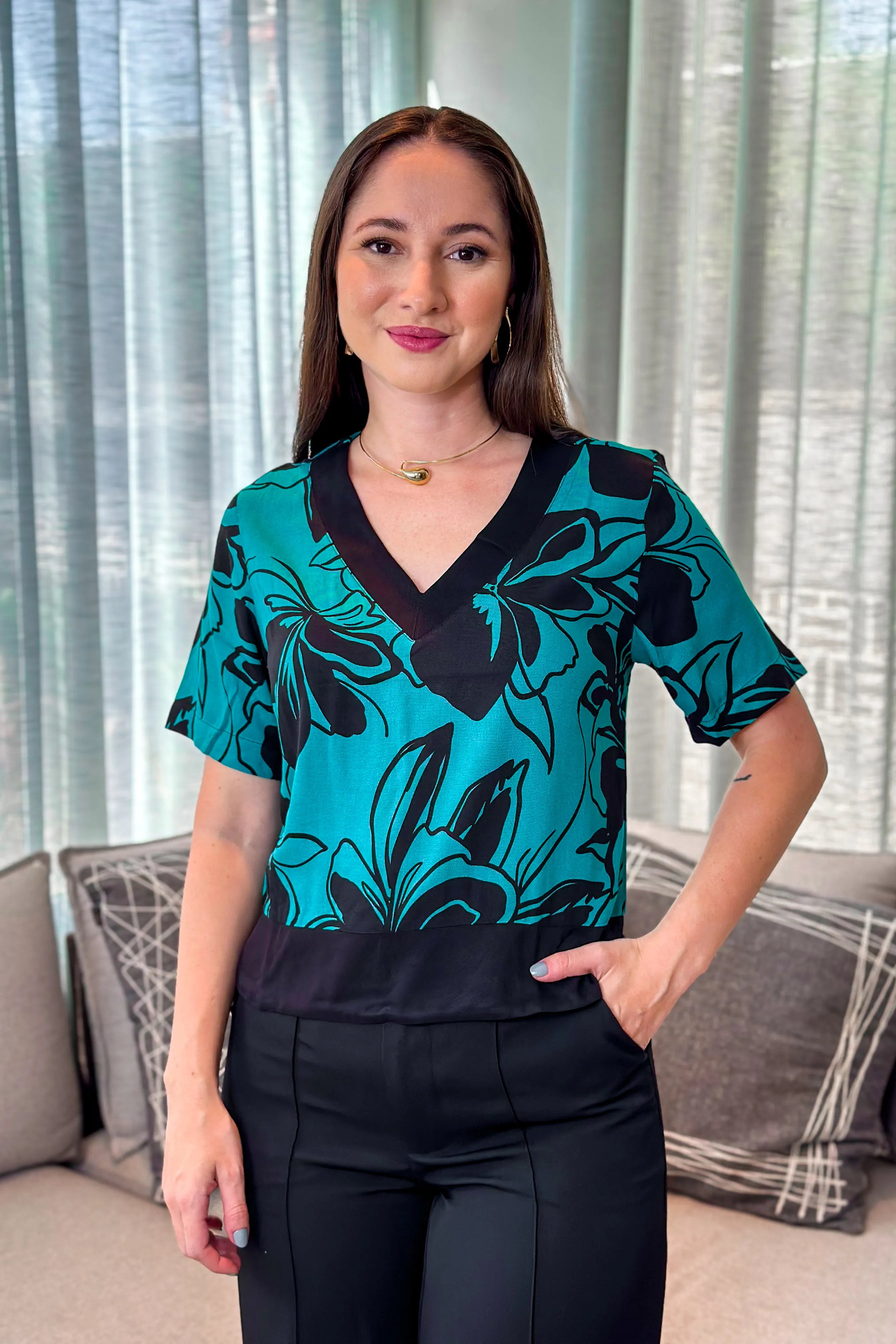 Blusa Manga Curta Nicole Estampada Verde