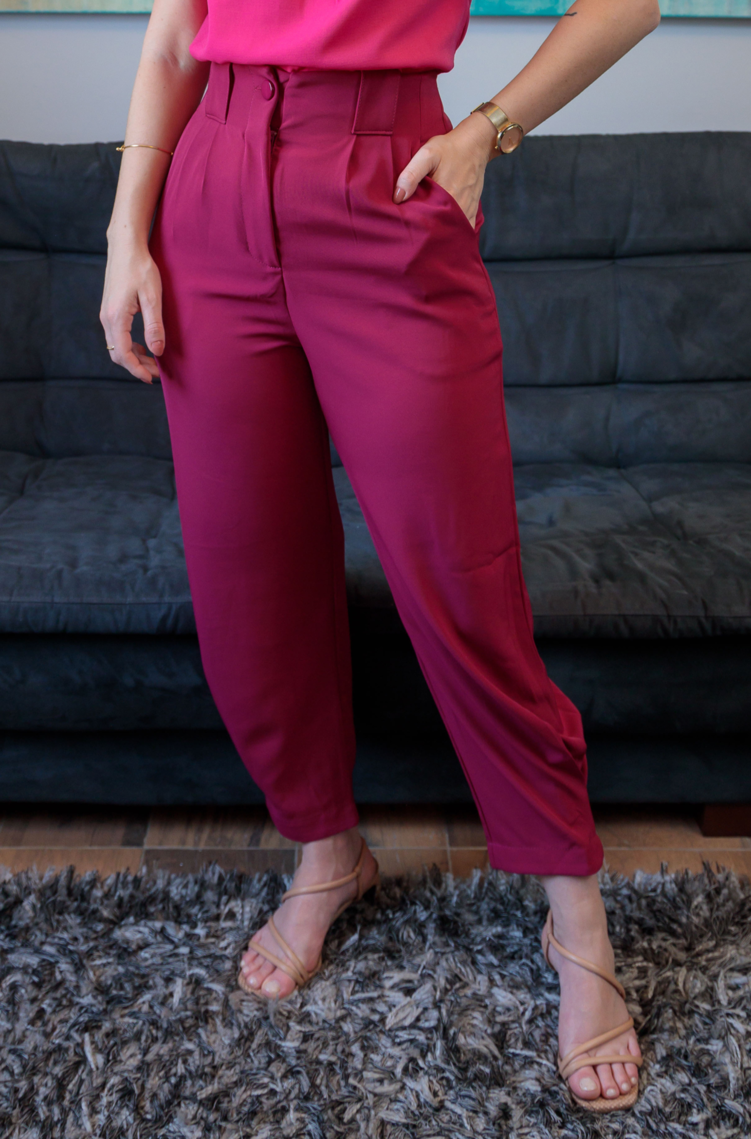 Calça Boyfriend Detalhe Barra Miranda Fúcsia