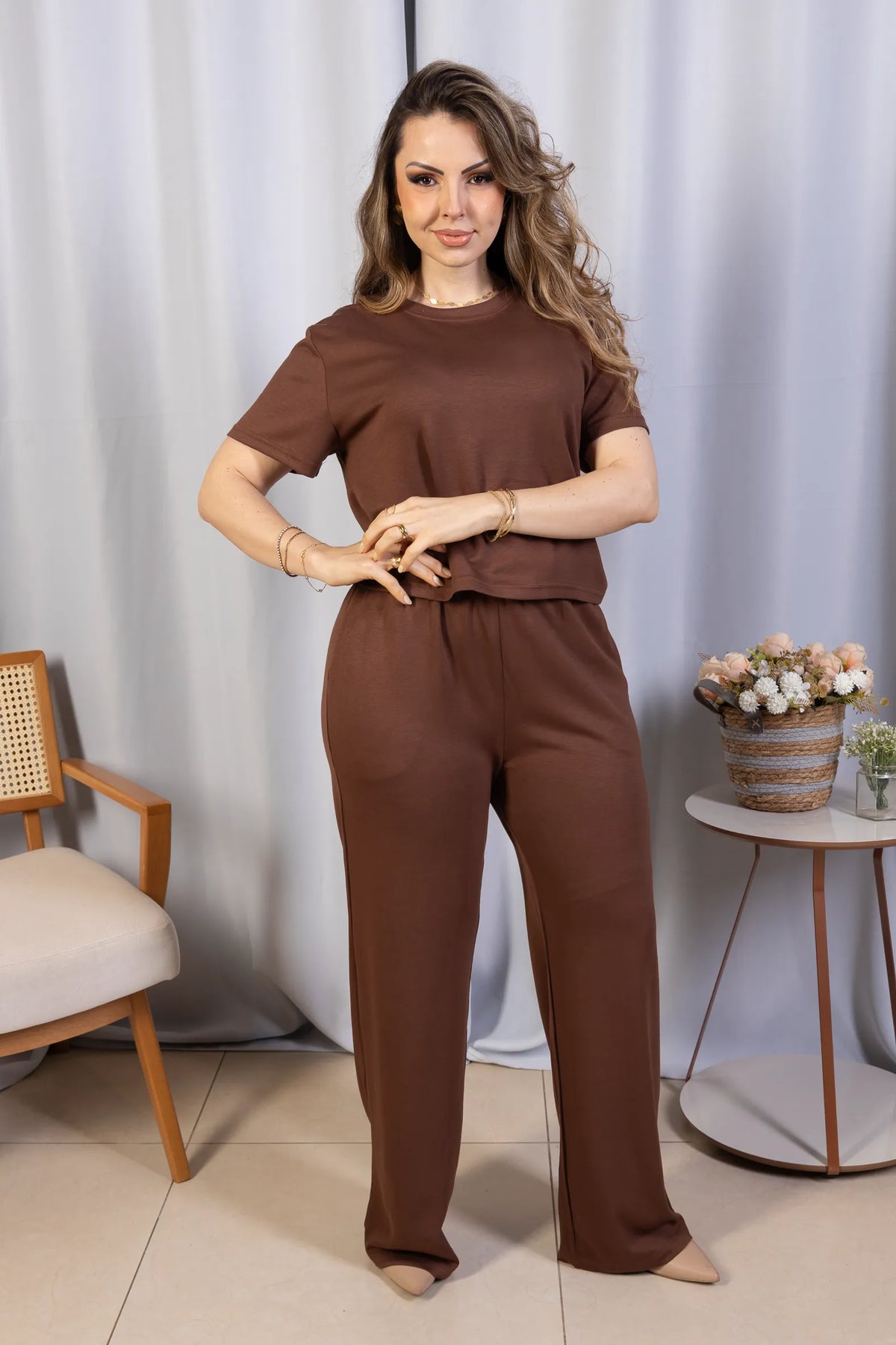 Blusa Manga Curta em Malha Knit Lorena Marrom