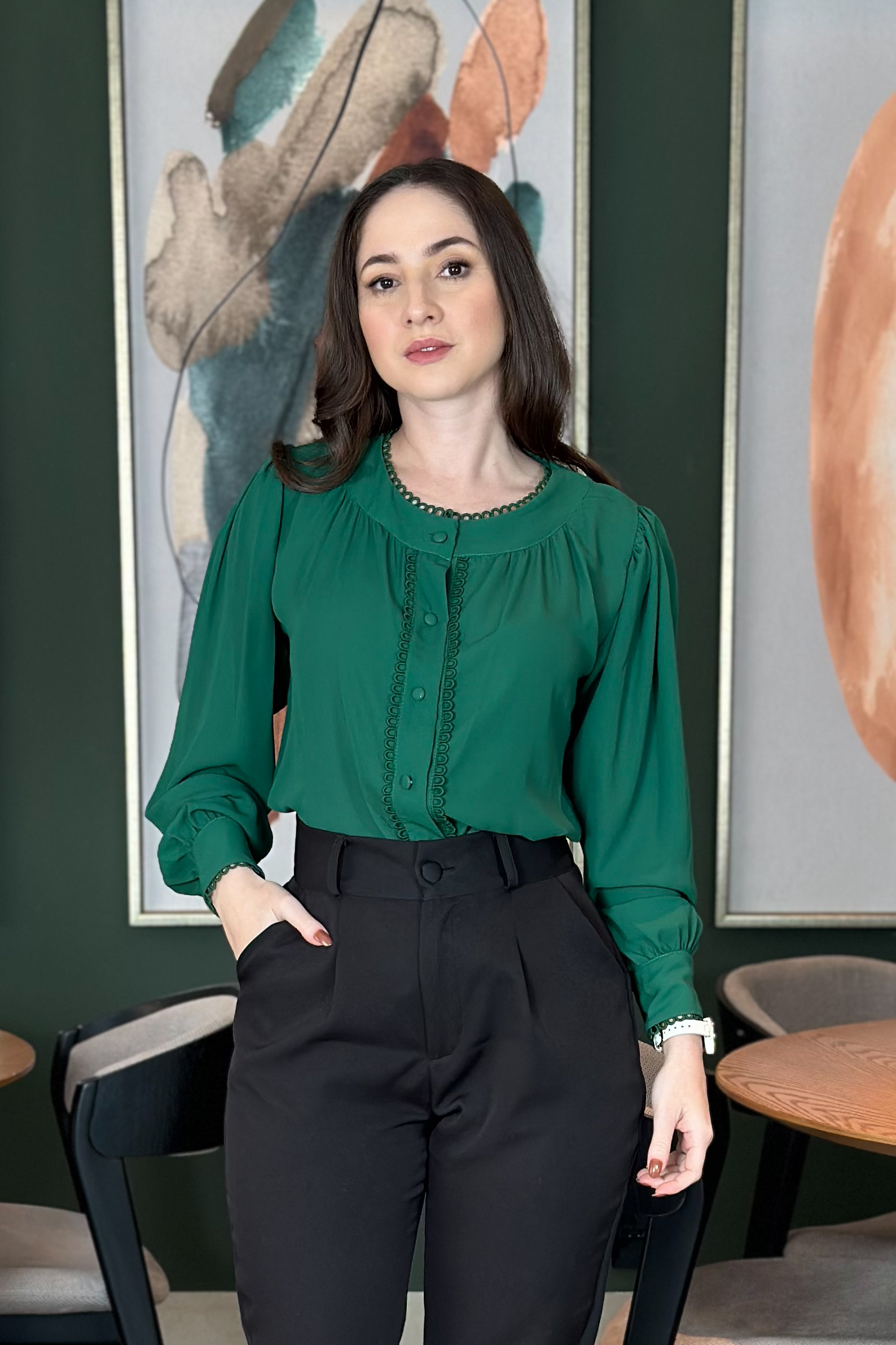 Camisa Manga Longa Detalhe Guipir Rosana Verde