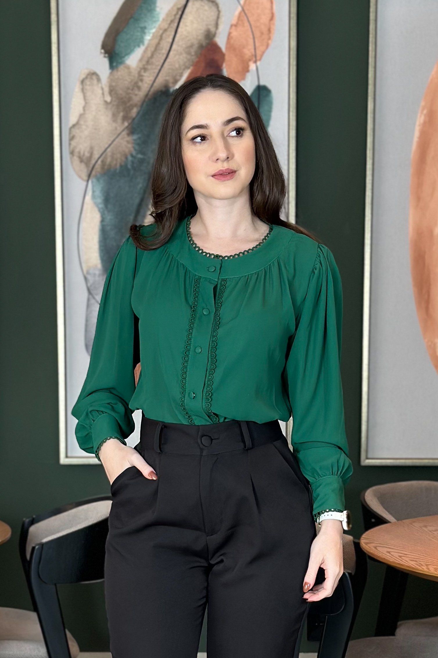 Camisa Manga Longa Detalhe Guipir Rosana Verde