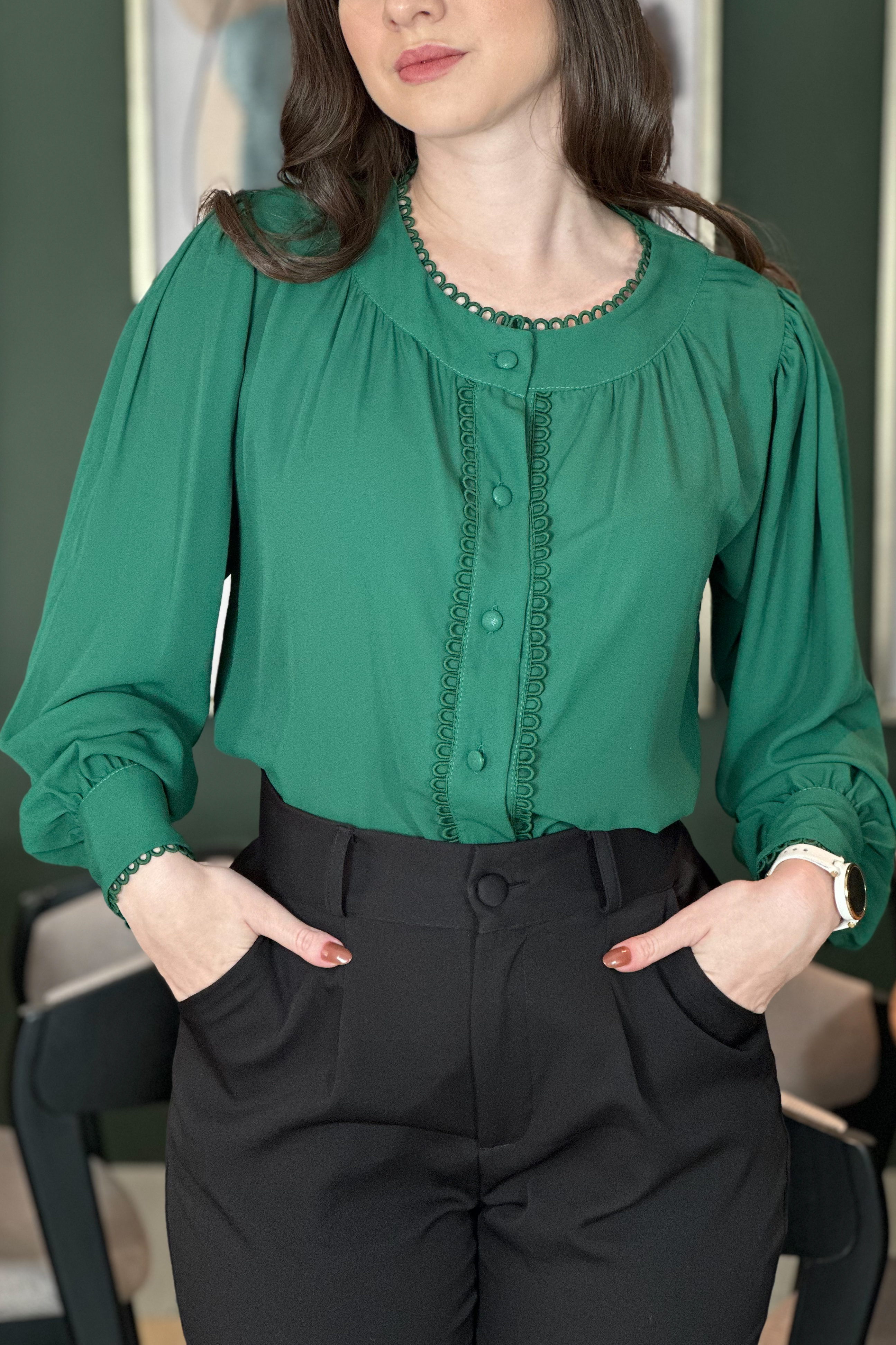 Camisa Manga Longa Detalhe Guipir Rosana Verde