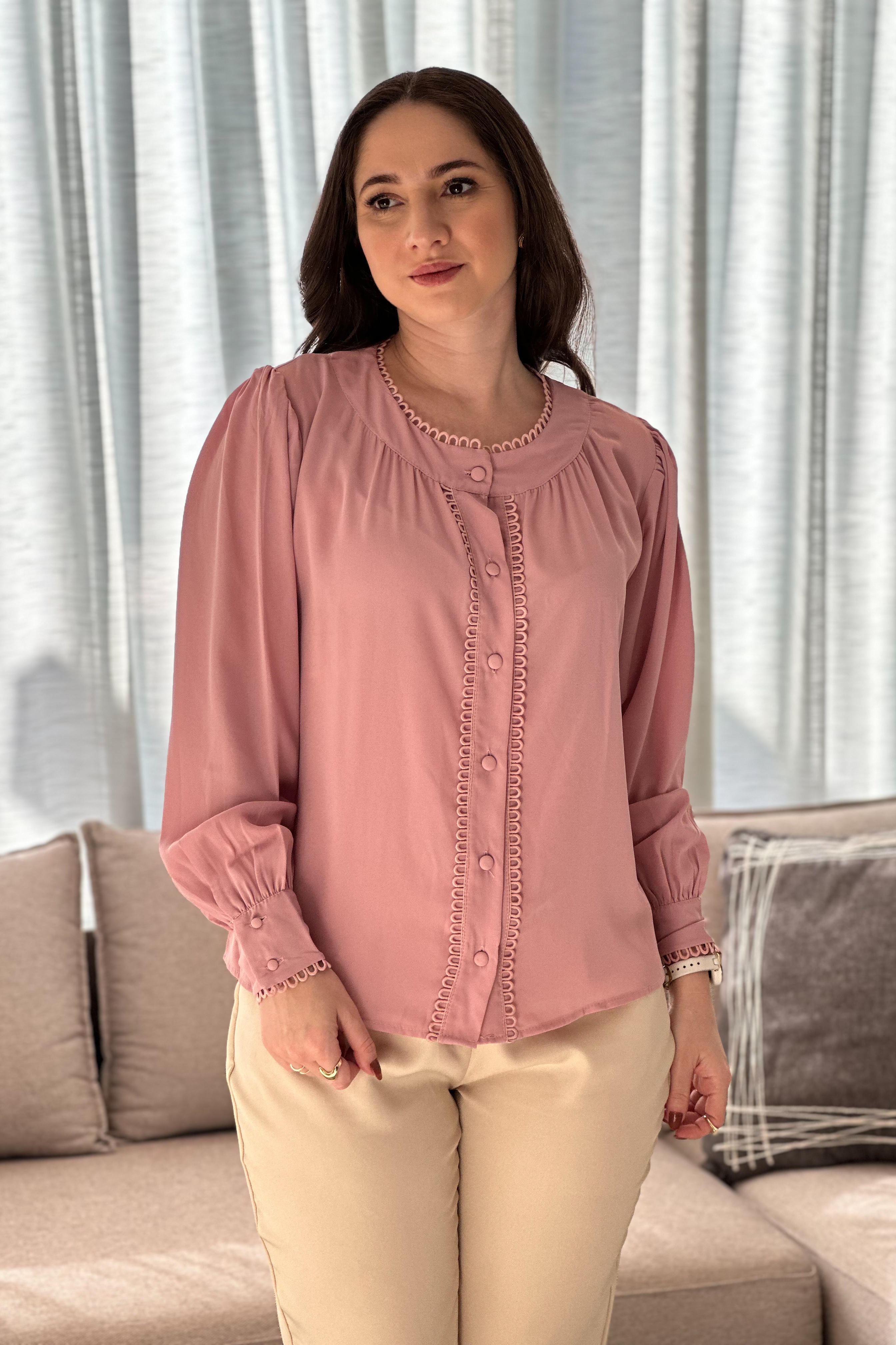 Camisa Manga Longa Detalhe Guipir Rosana Rosa