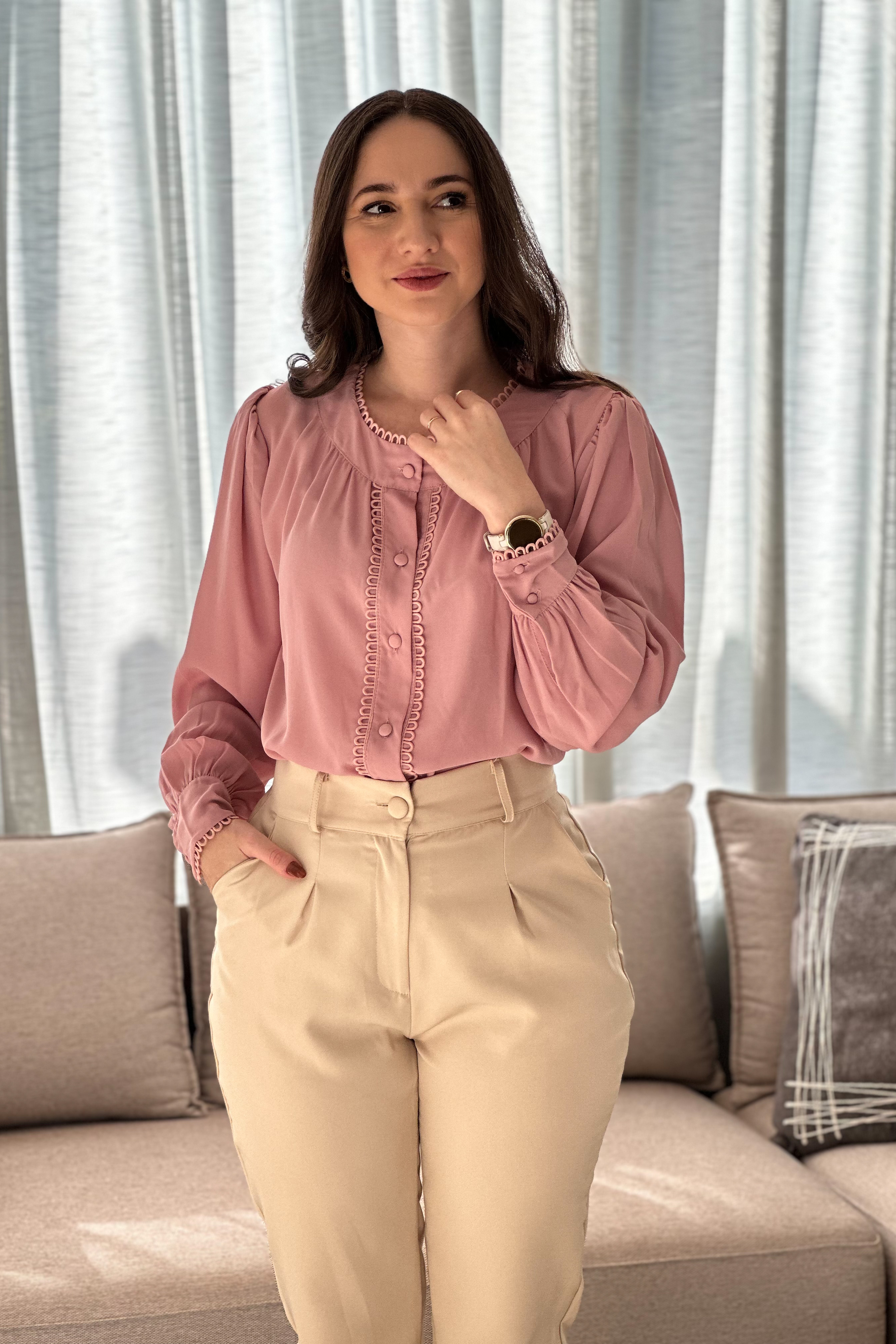 Camisa Manga Longa Detalhe Guipir Rosana Rosa