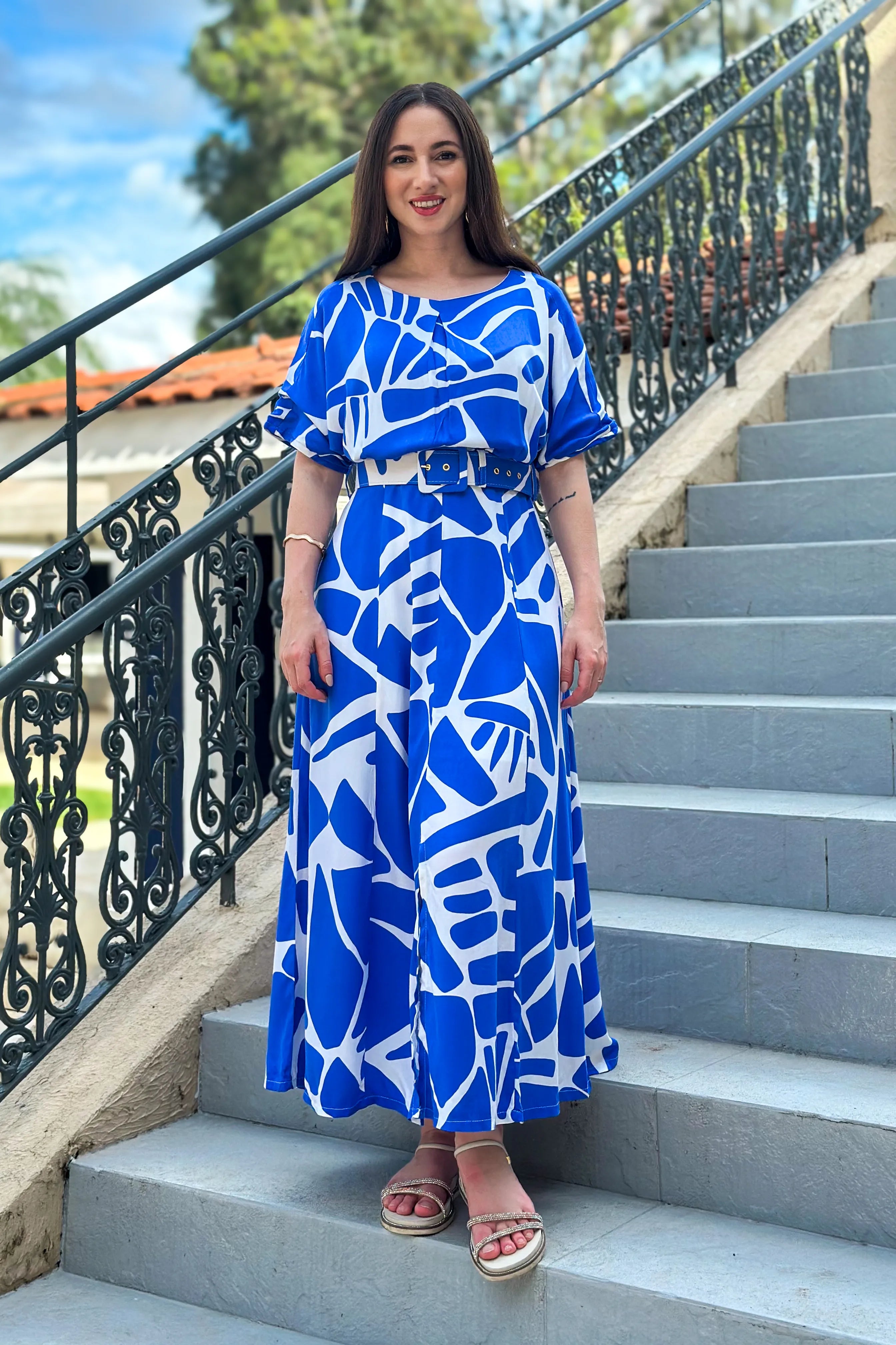Vestido Midi Com Cinto Encapado Paola Estampado Azul