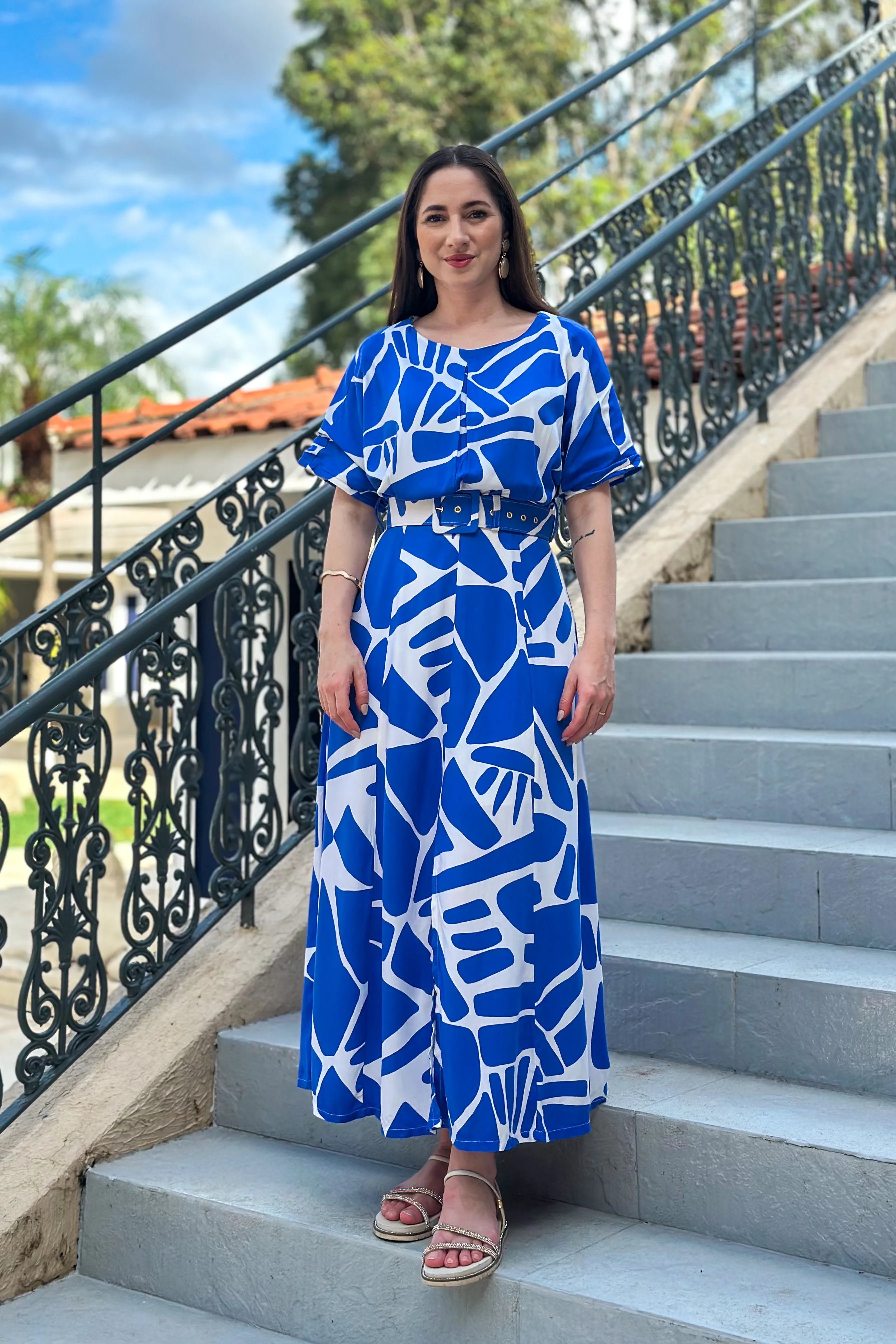 Vestido Midi Com Cinto Encapado Paola Estampado Azul