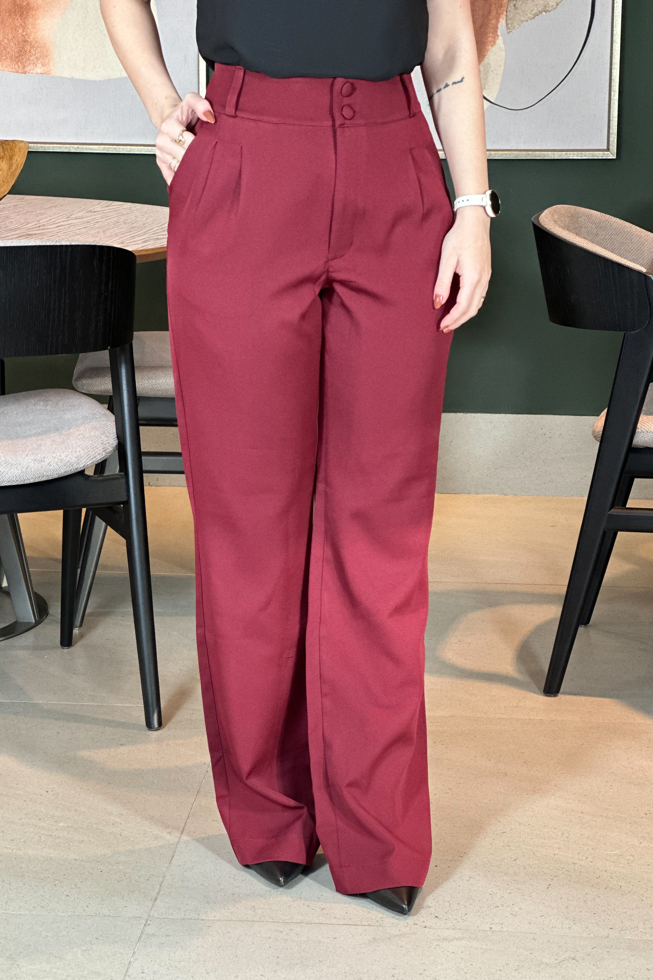 Calça Alfaiataria Flare Botão Duplo Marcela Marsala