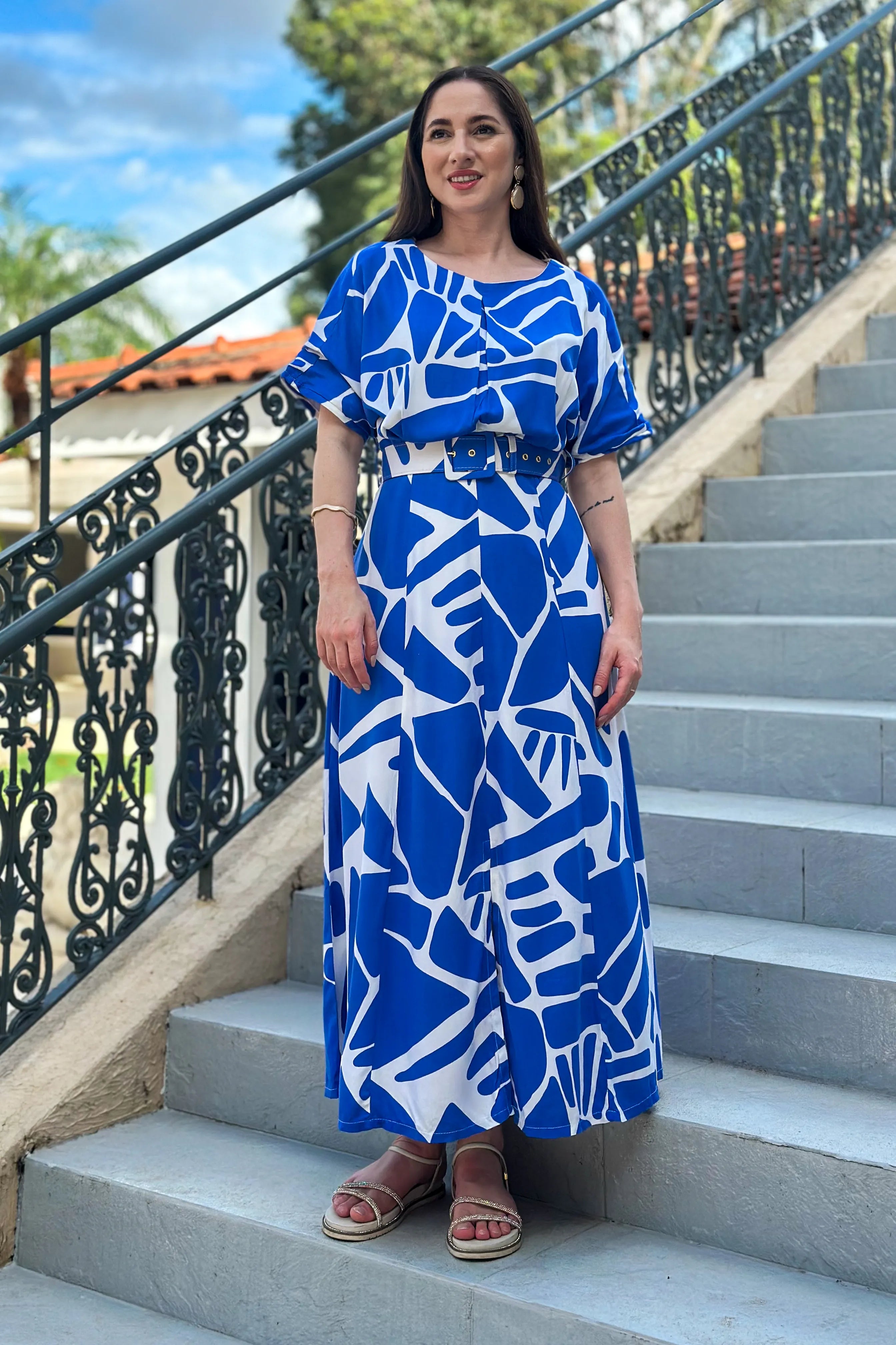 Vestido Midi Com Cinto Encapado Paola Estampado Azul