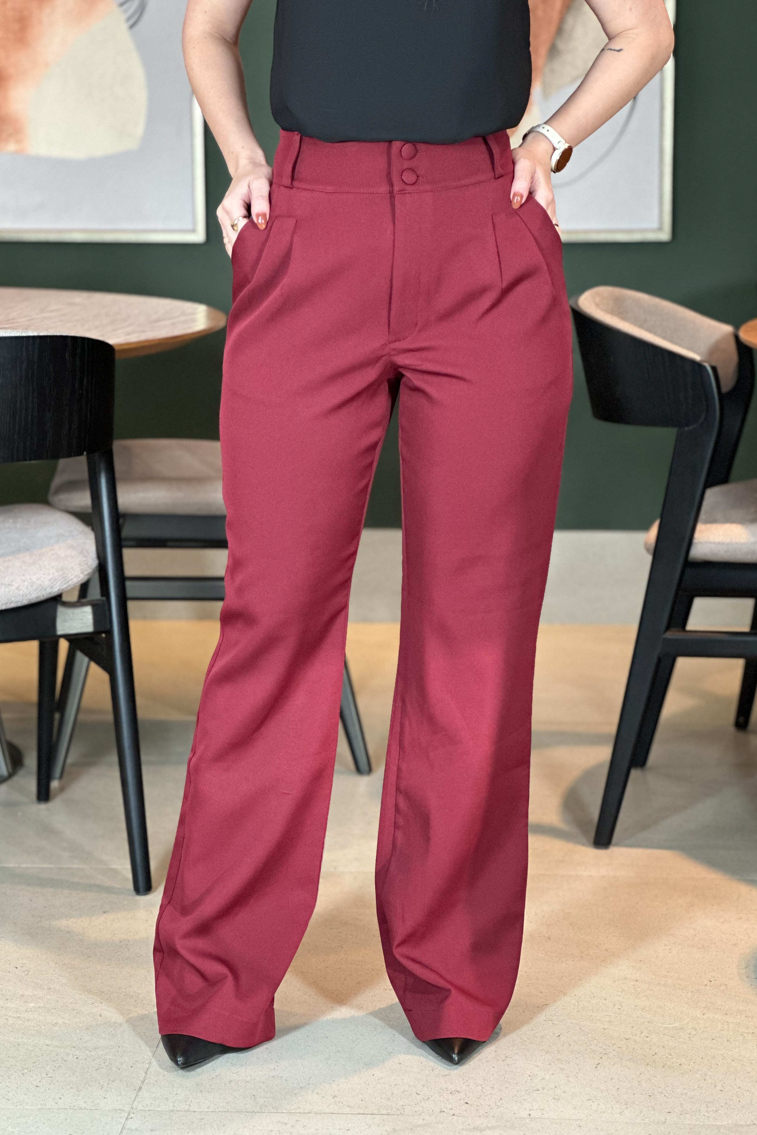 Calça Alfaiataria Flare Botão Duplo Marcela Marsala