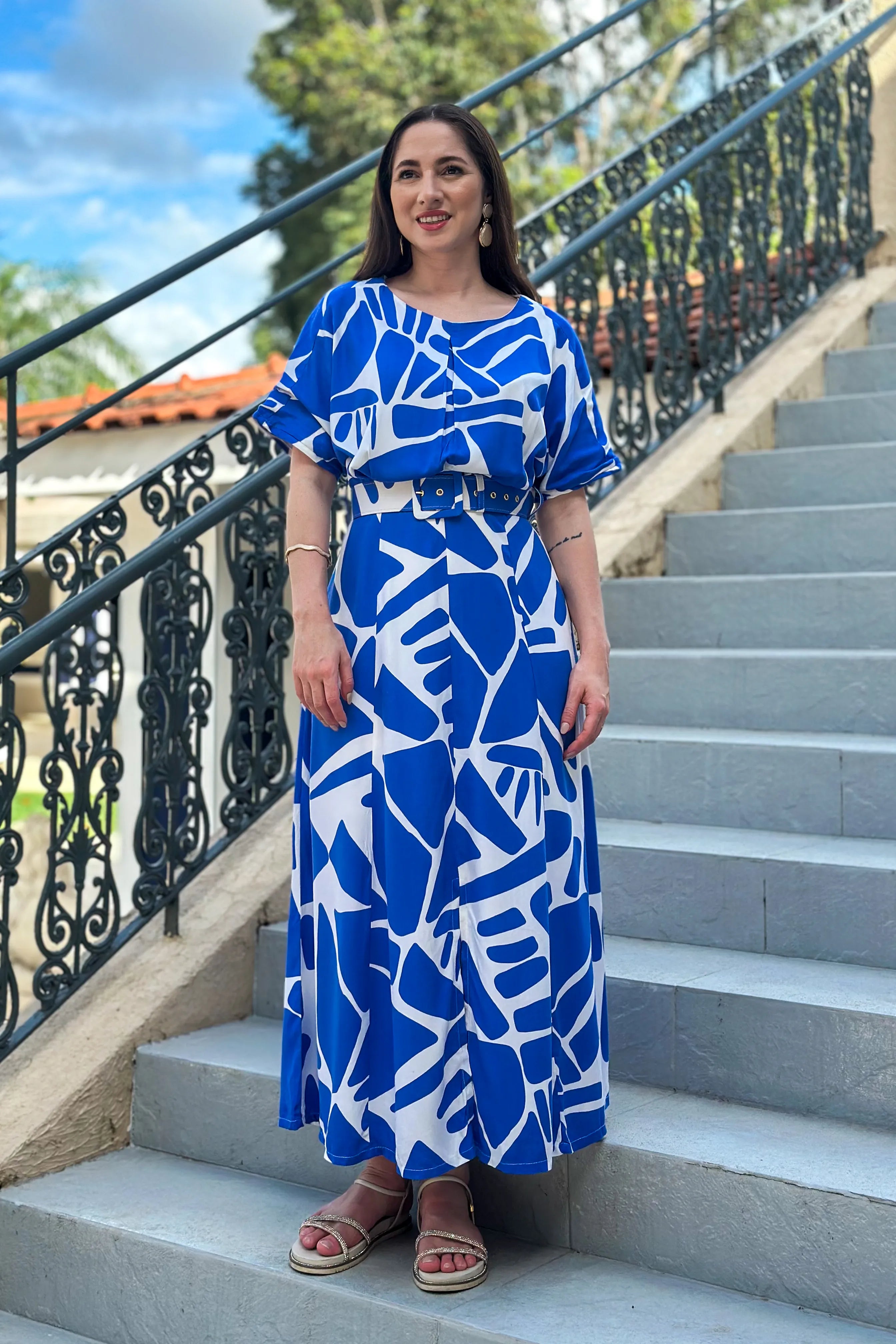 Vestido Midi Com Cinto Encapado Paola Estampado Azul