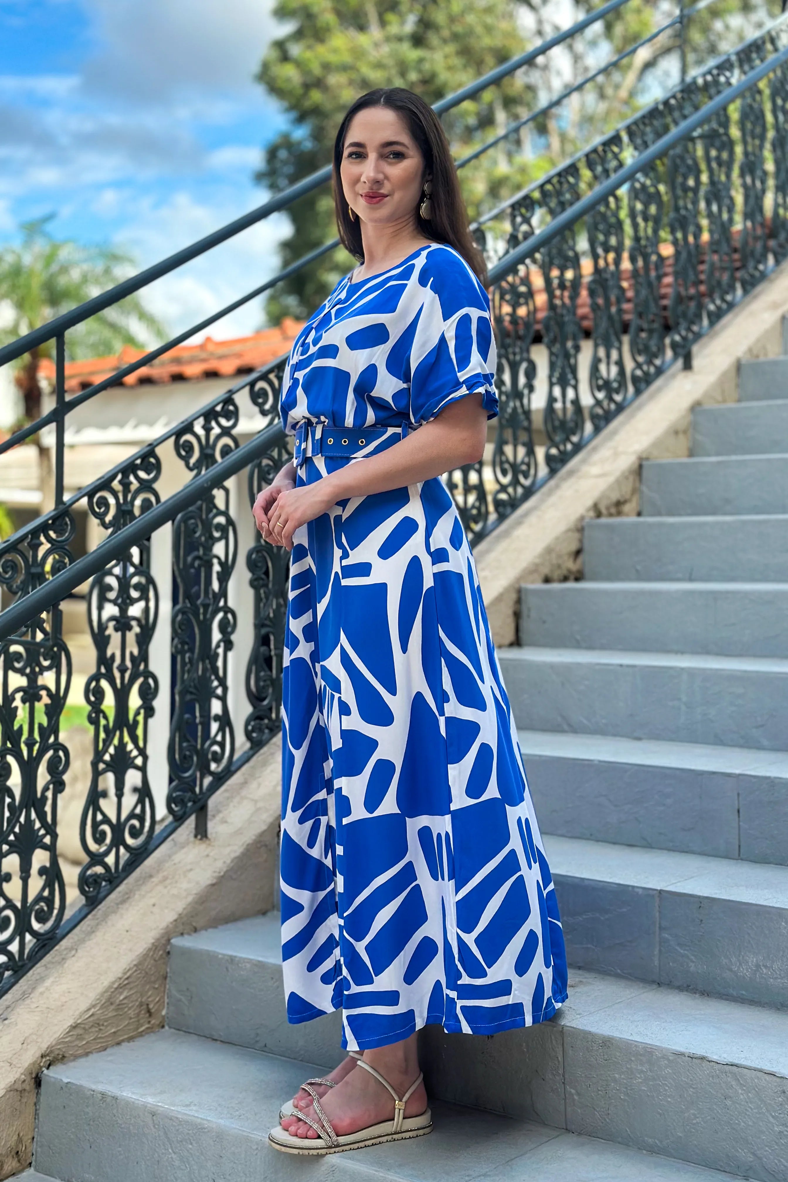 Vestido Midi Com Cinto Encapado Paola Estampado Azul