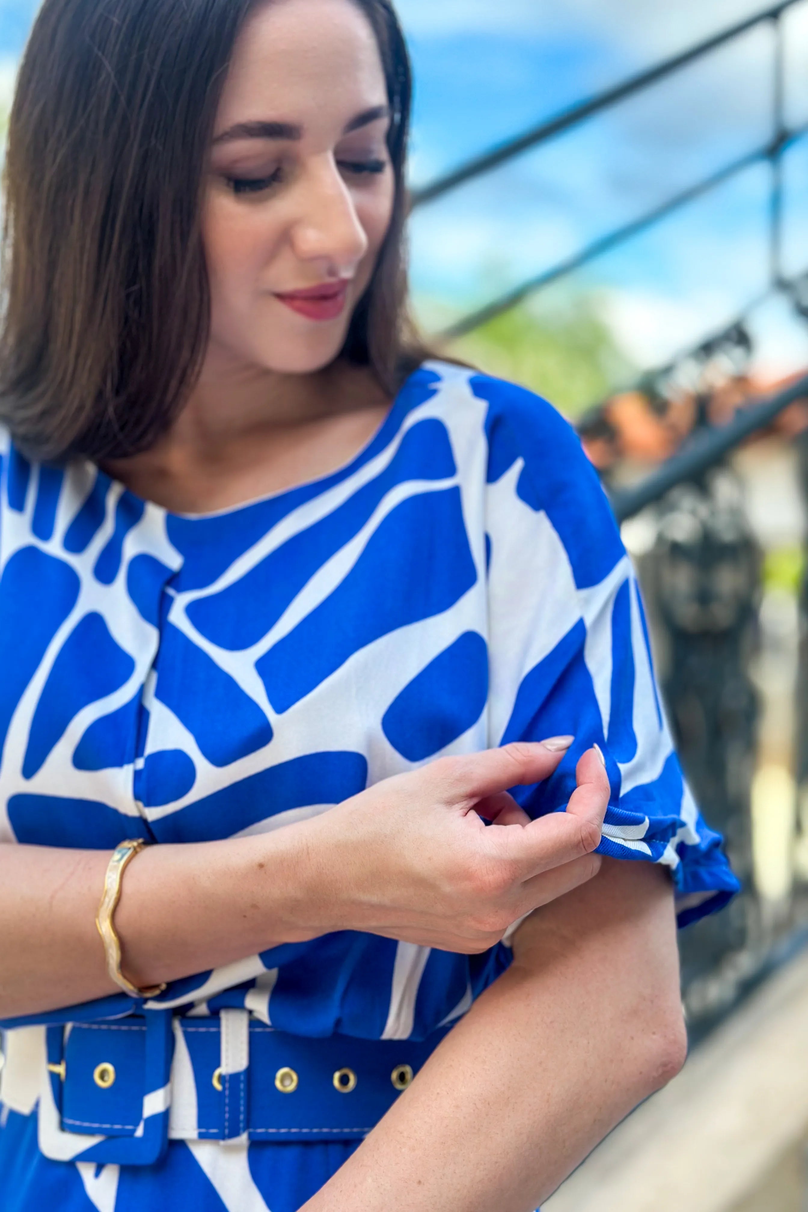Vestido Midi Com Cinto Encapado Paola Estampado Azul