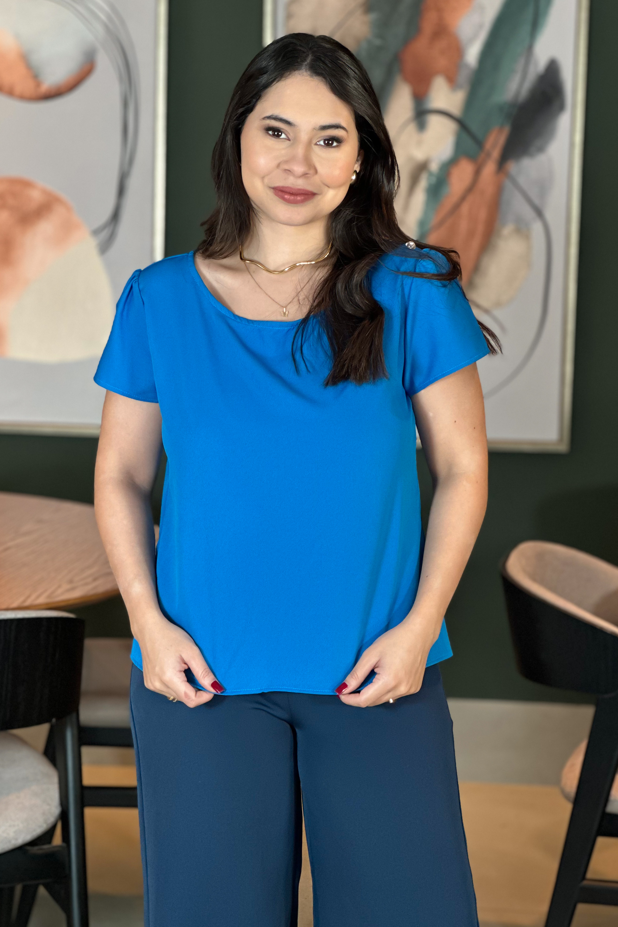 Blusa Textura Detalhe botão Márcia Azul Oceano