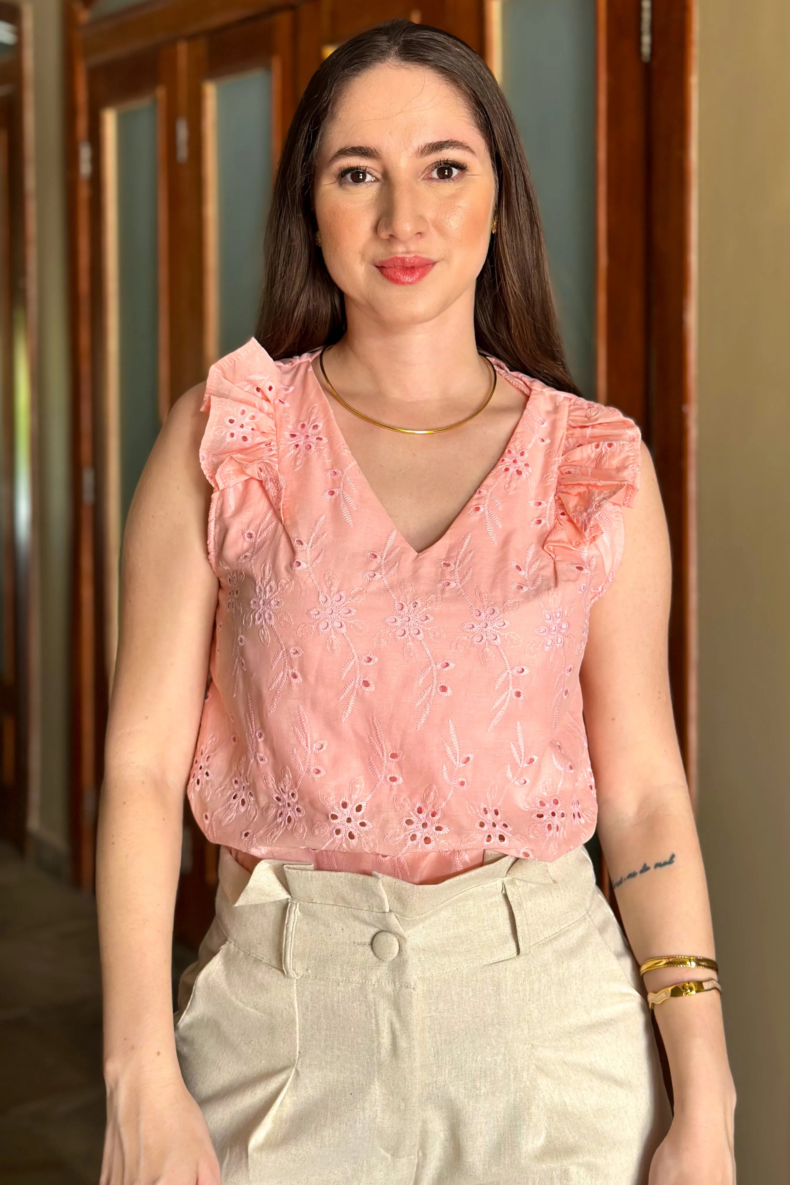 Blusa Em Lase Babados Manga Estefany Rosa