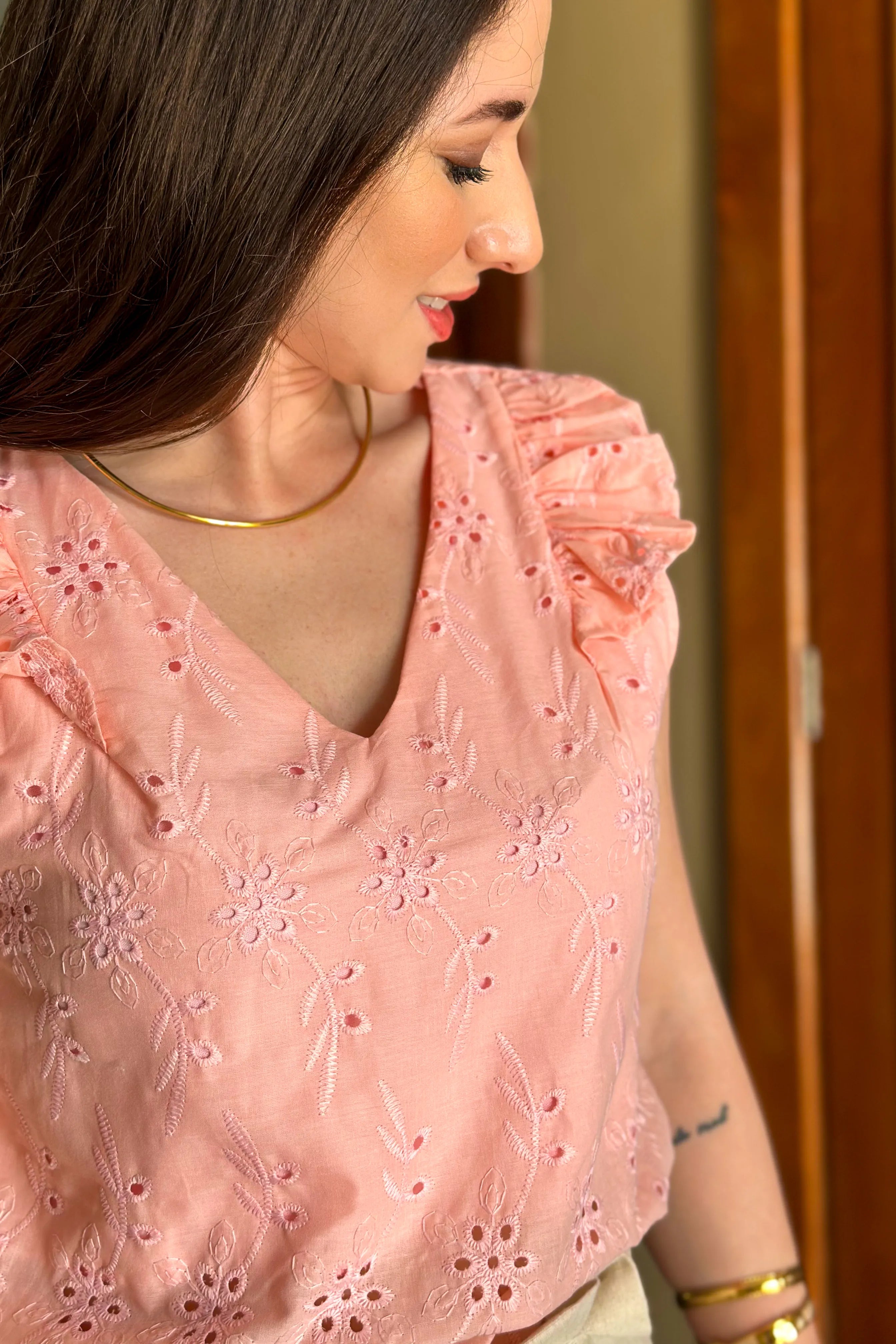 Blusa Em Lase Babados Manga Estefany Rosa