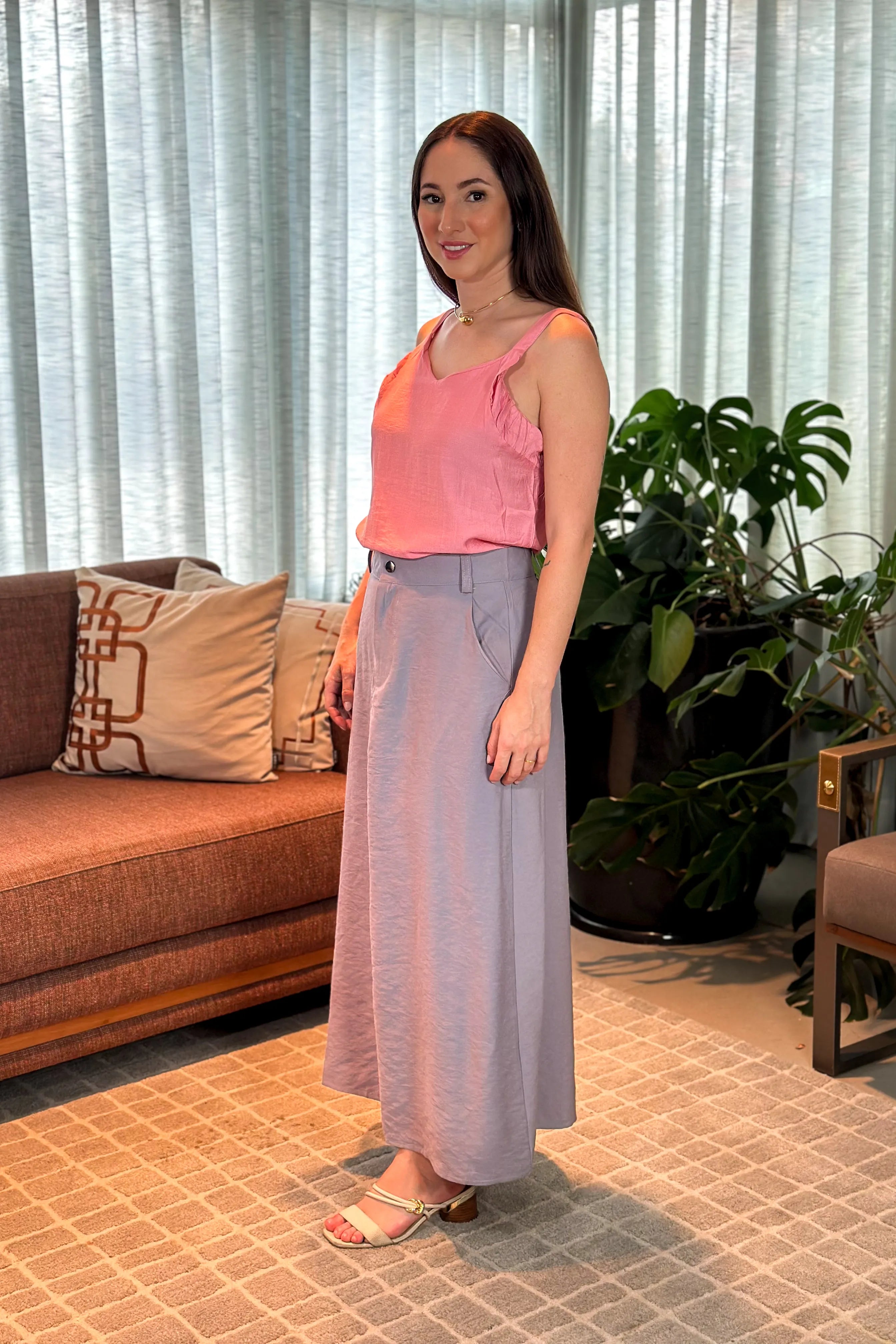 Saia Midi Visco Premium Carol Cinza