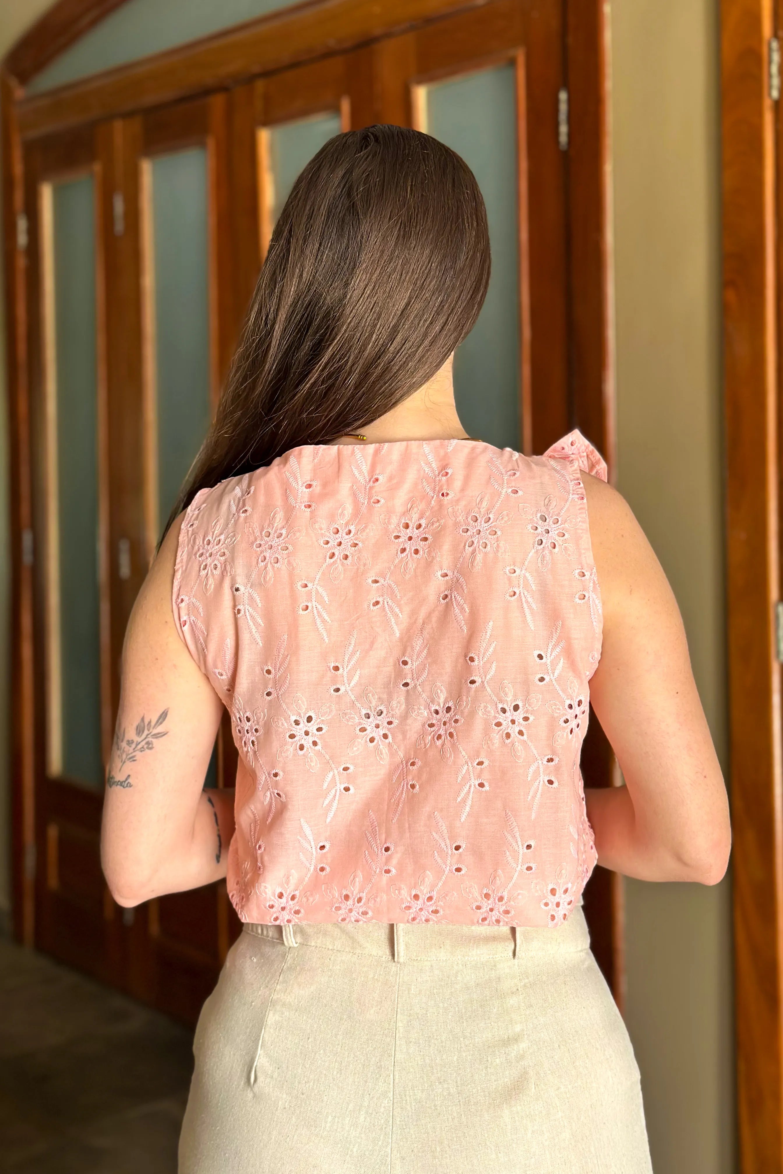 Blusa Em Lase Babados Manga Estefany Rosa