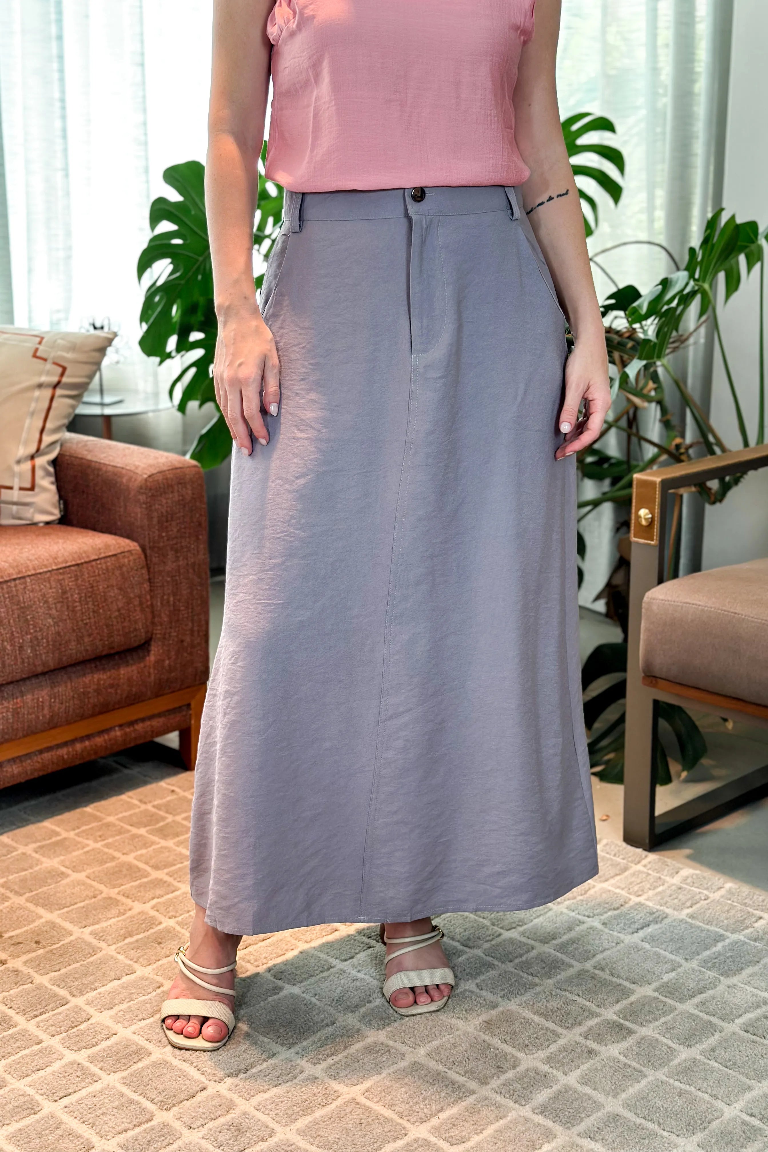 Saia Midi Visco Premium Carol Cinza