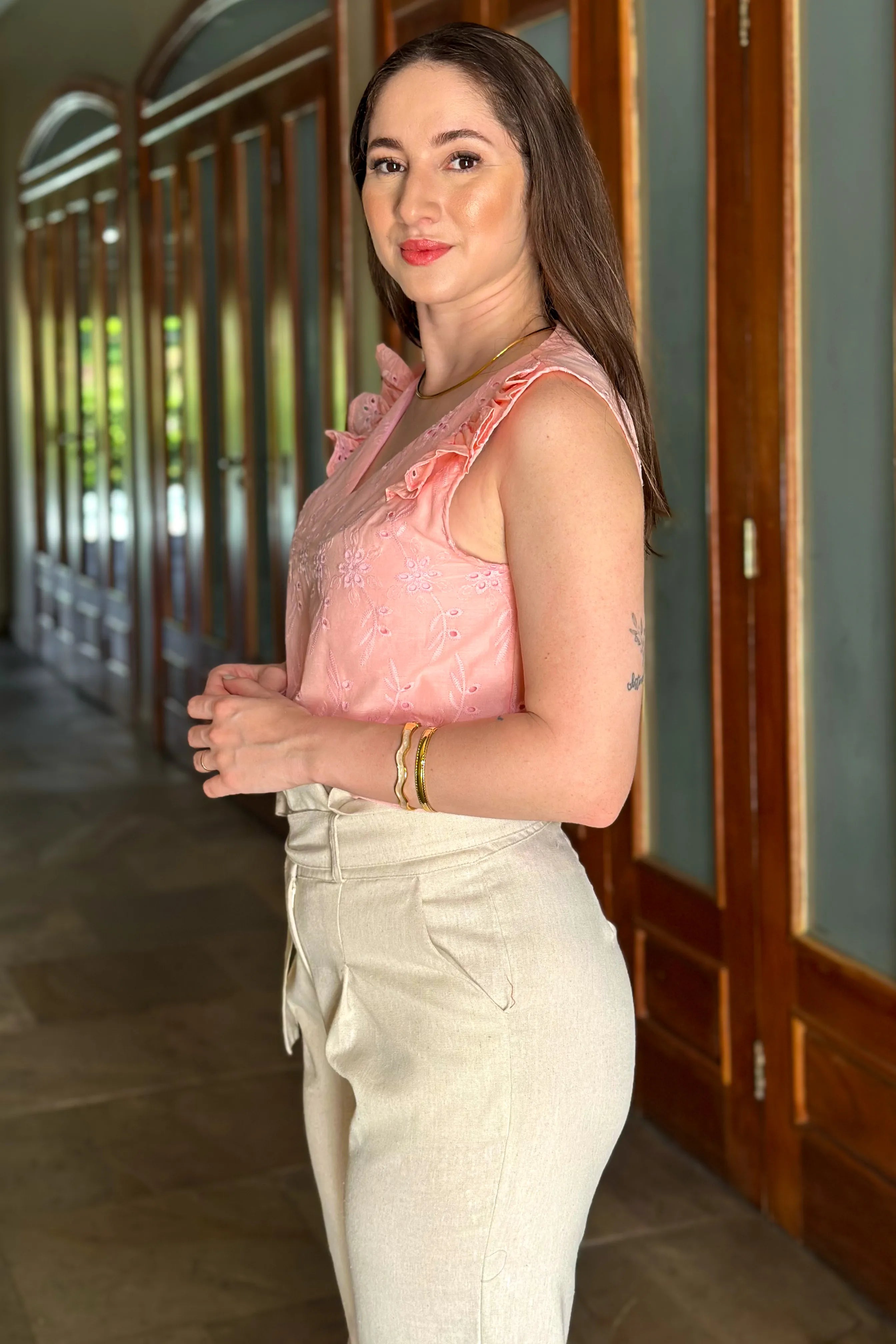 Blusa Em Lase Babados Manga Estefany Rosa