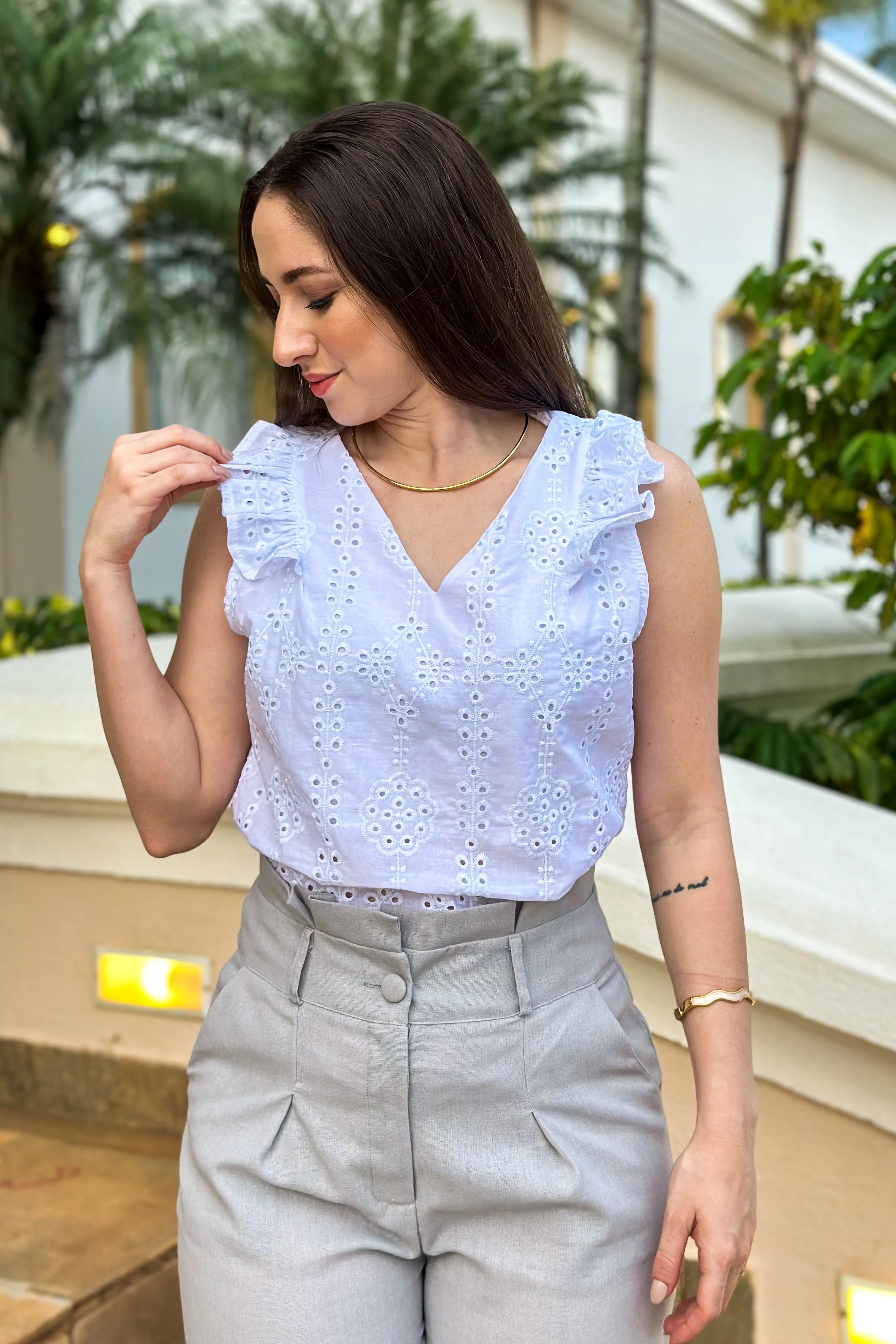 Blusa Em Lase Babados Manga Estefany Branca