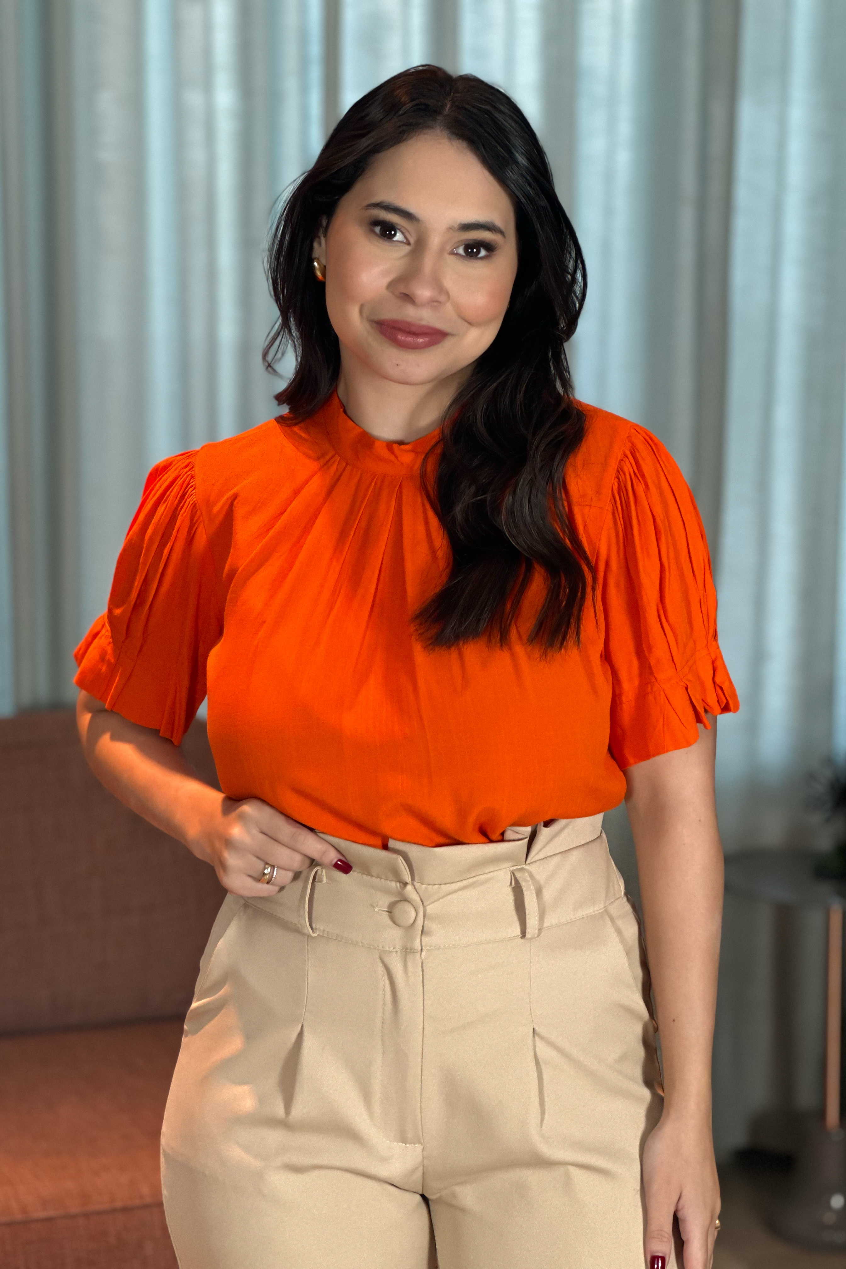 Blusa Manga Curta Plissada Viscose Juliana Laranja
