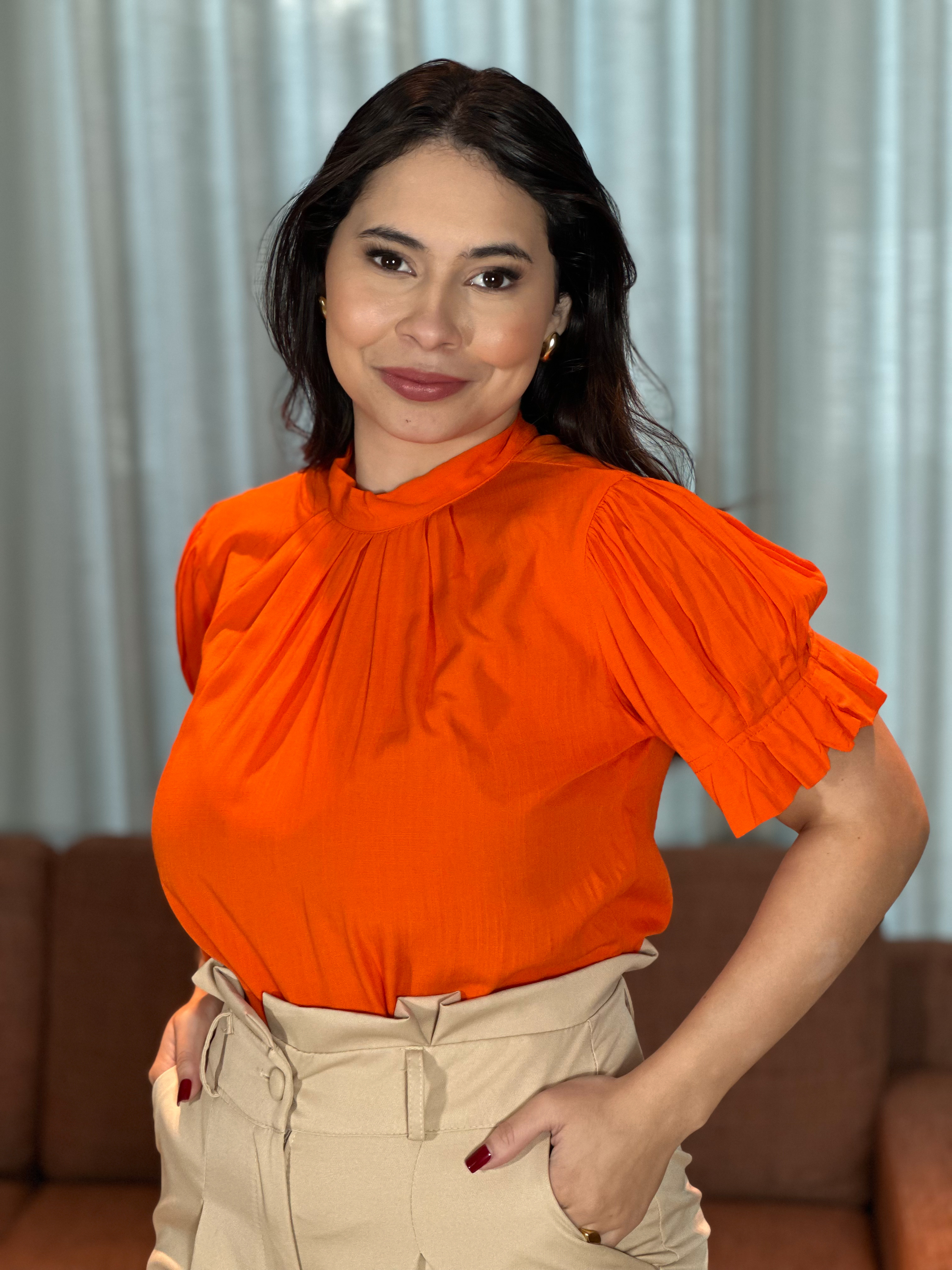 Blusa Manga Curta Plissada Viscose Juliana Laranja