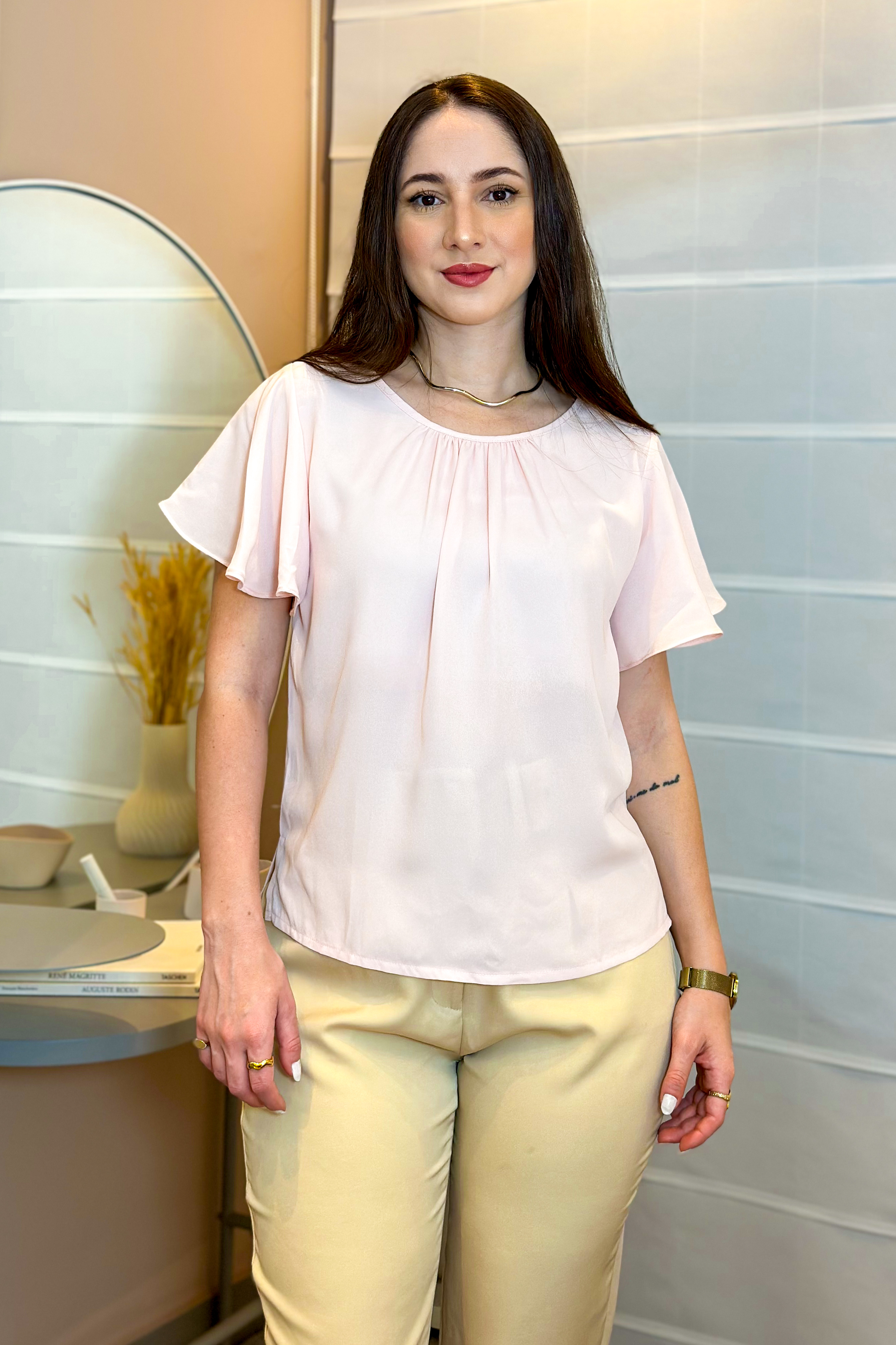 Blusa Manga Flutuante Pregas Colo Alessandra Rosa Claro