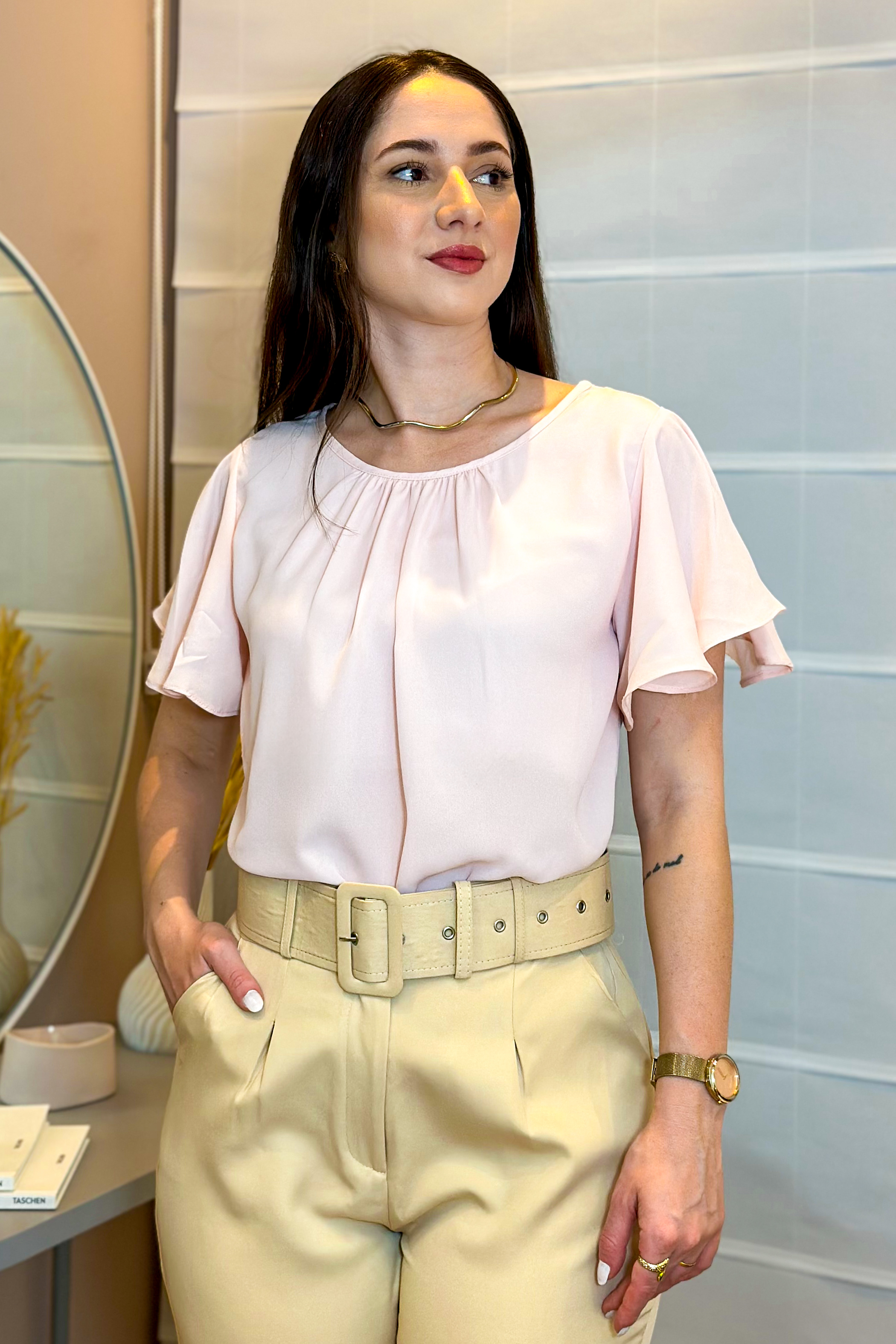 Blusa Manga Flutuante Pregas Colo Alessandra Rosa Claro