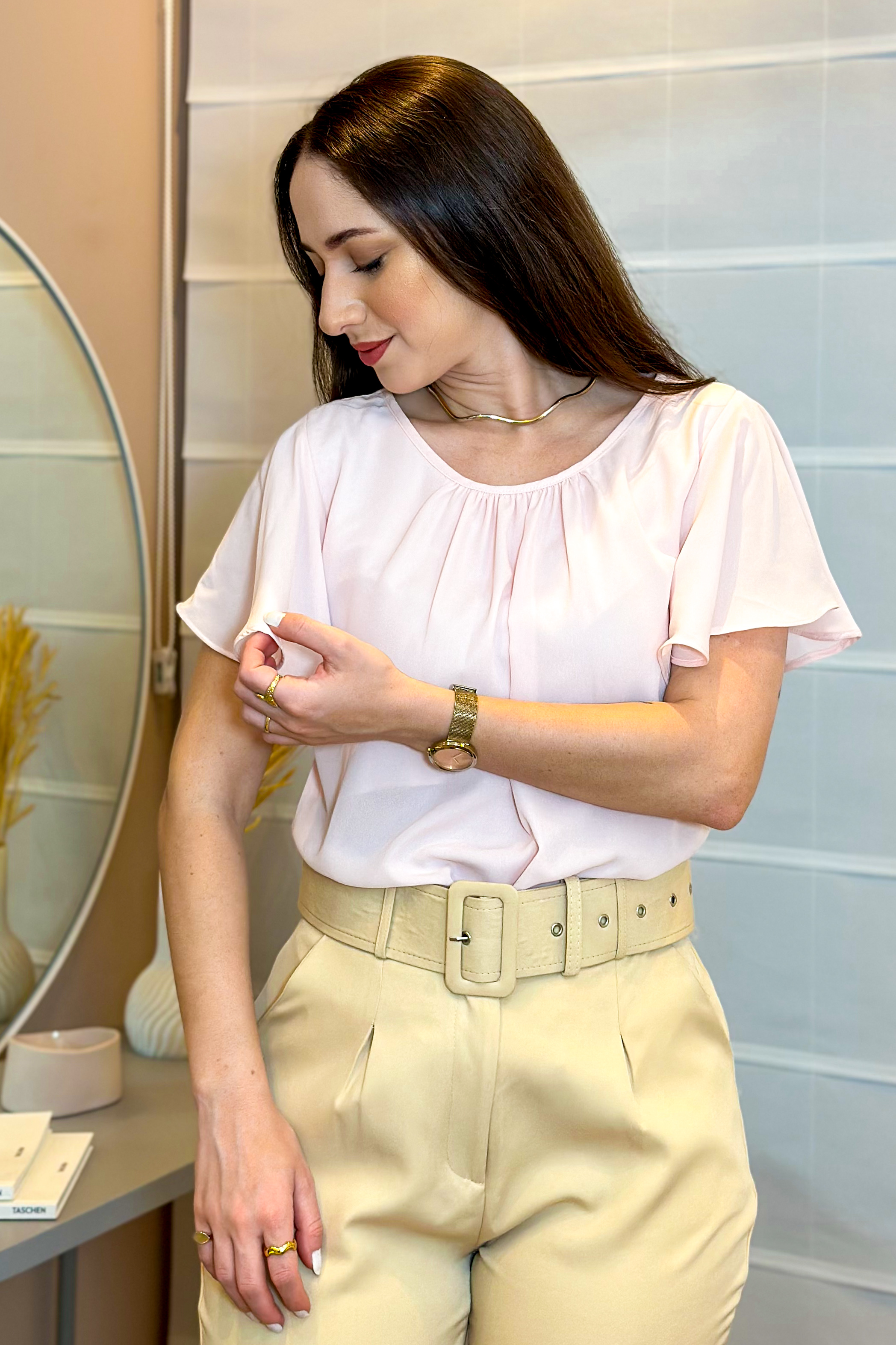 Blusa Manga Flutuante Pregas Colo Alessandra Rosa Claro