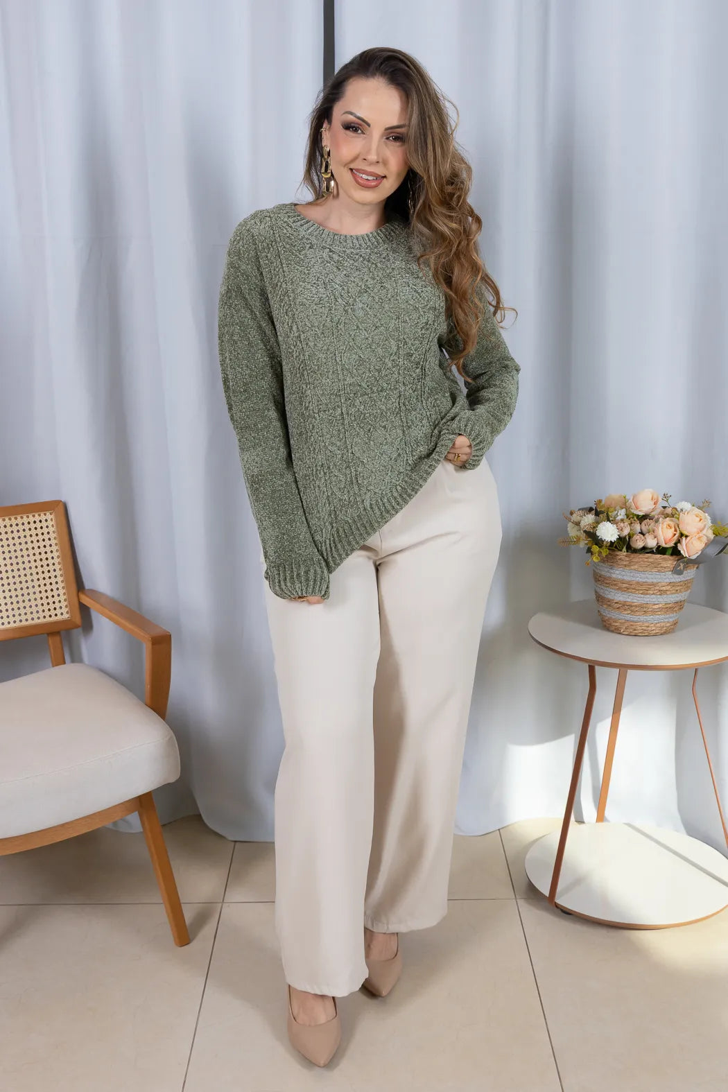 Blusa Manga Longa em Tricot Mousse Valentina Verde