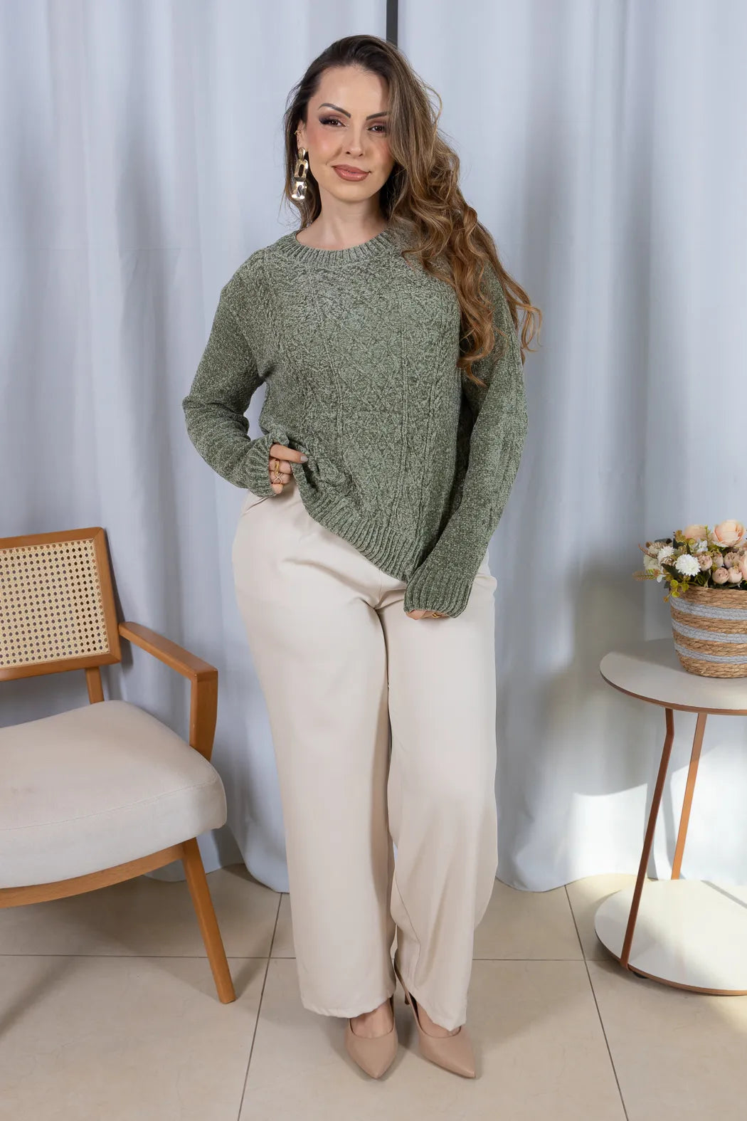 Blusa Manga Longa em Tricot Mousse Valentina Verde
