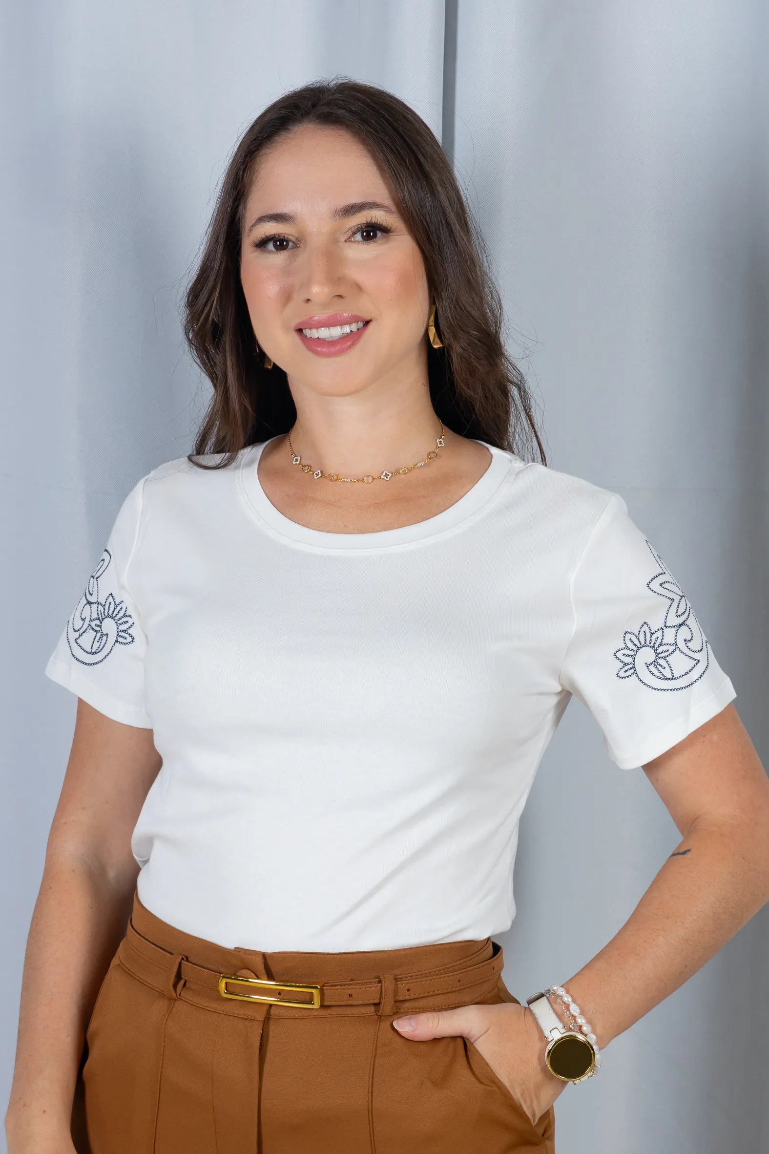 Blusa Manga Curta com Detalhes Bordados Cotton Lycra Milena Off White
